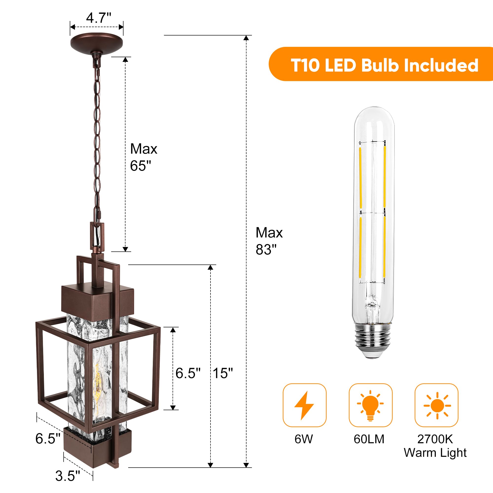 15" Outdoor Indoor Pendant Light Exterior Hanging Lantern, Modern Metal Outside Chandelier Light Fixture Ceiling Mount with Water Glass for Front Porch Entrance Foyer Entryway, Oil Rubbed Bronze