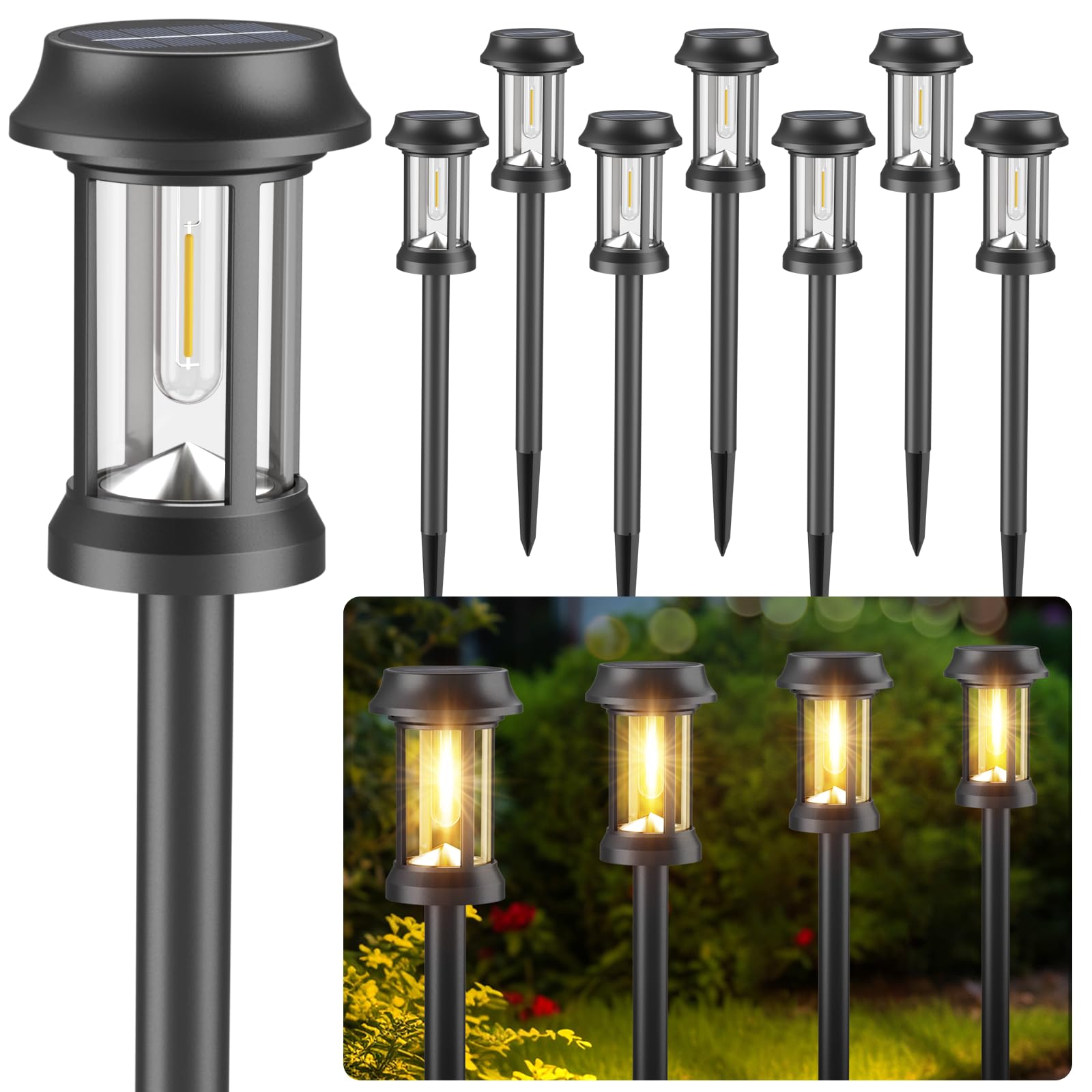 Solar Pathway Lights Outdoor, 8 Pack Solar Lights Outdoor, Glass & Metal Solar Powered Outdoor Lights Maintain 10 Hours of Lighting for Outside Garden Yard Driveway Path Landscape Decor (Black)