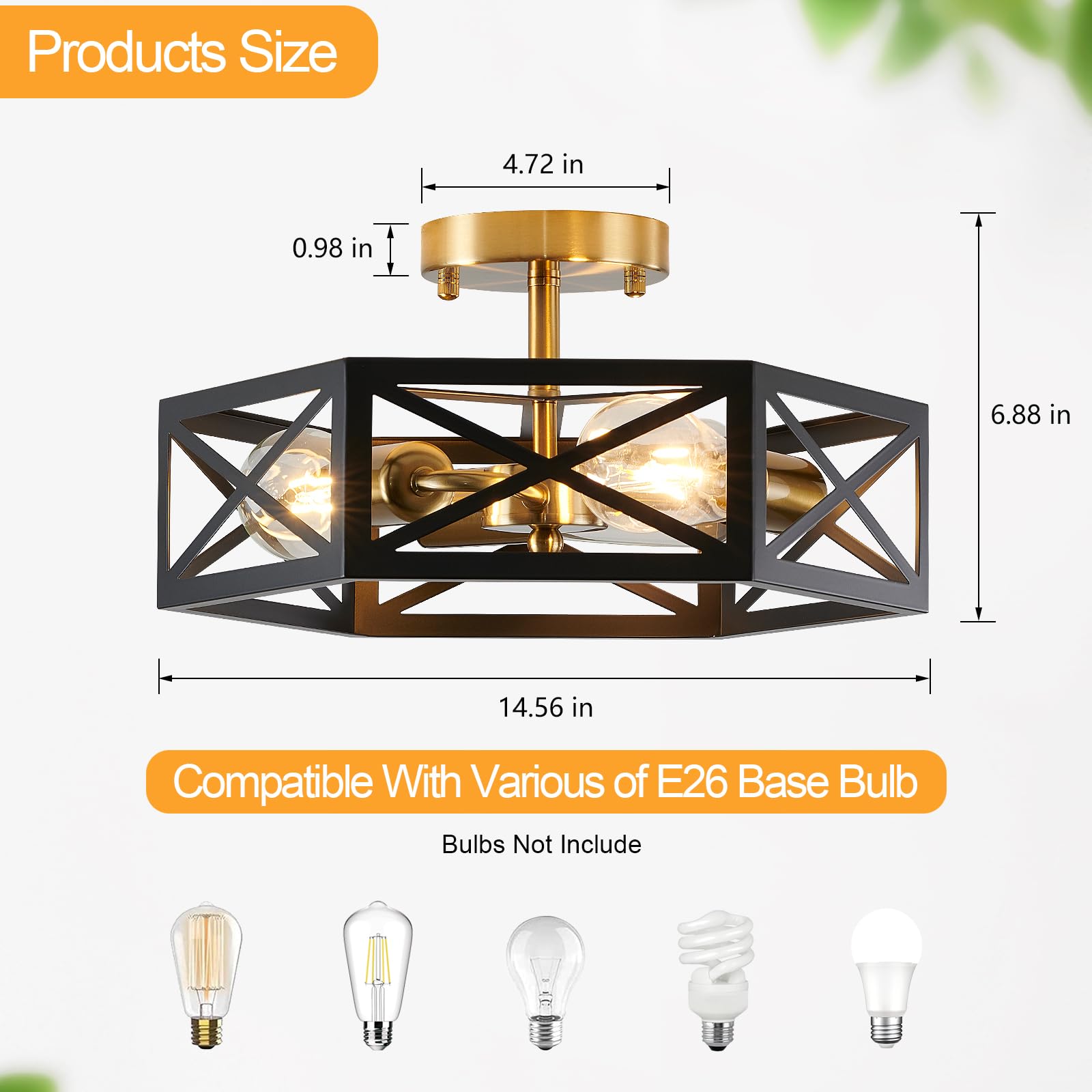 Semi Flush Mount Ceiling Light Fixture, Modern Farmhouse 3-Light Black Ceiling Light, Industrial Close to Ceiling Light with Metal Hexagon Cage Ceiling Lamp for Kitchen, Hallway, Bathroom