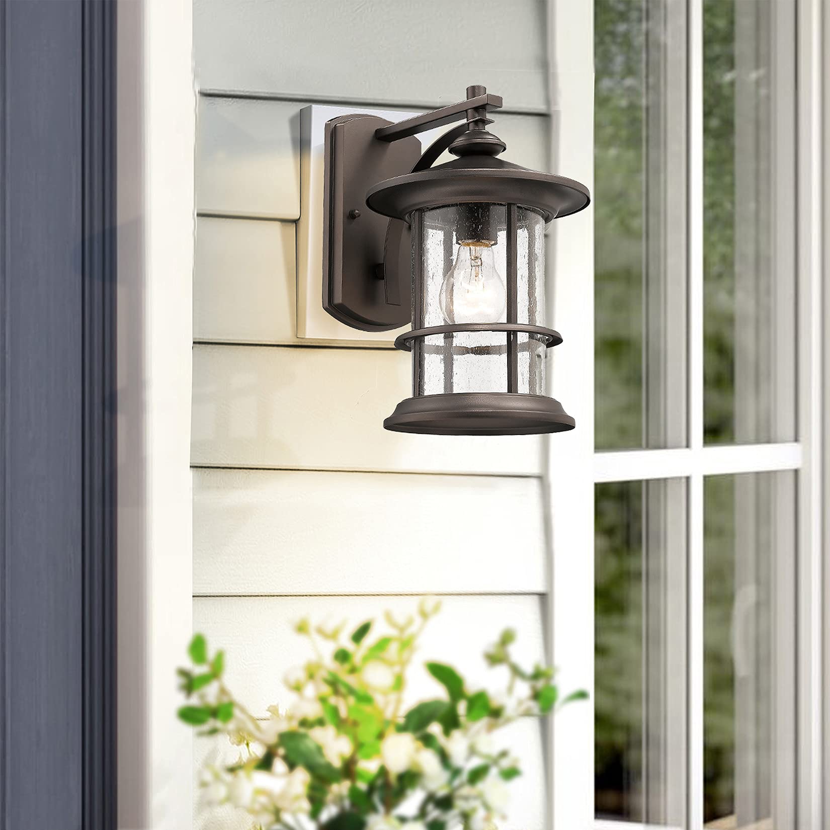 Oil Rubbed Bronze Outdoor Light Sconces Wall Mount, Clear Seedy Glass Large Exterior Porch Wall Lantern, 12.5" Outside Lights for House, Front Porch, Patio, Backyard