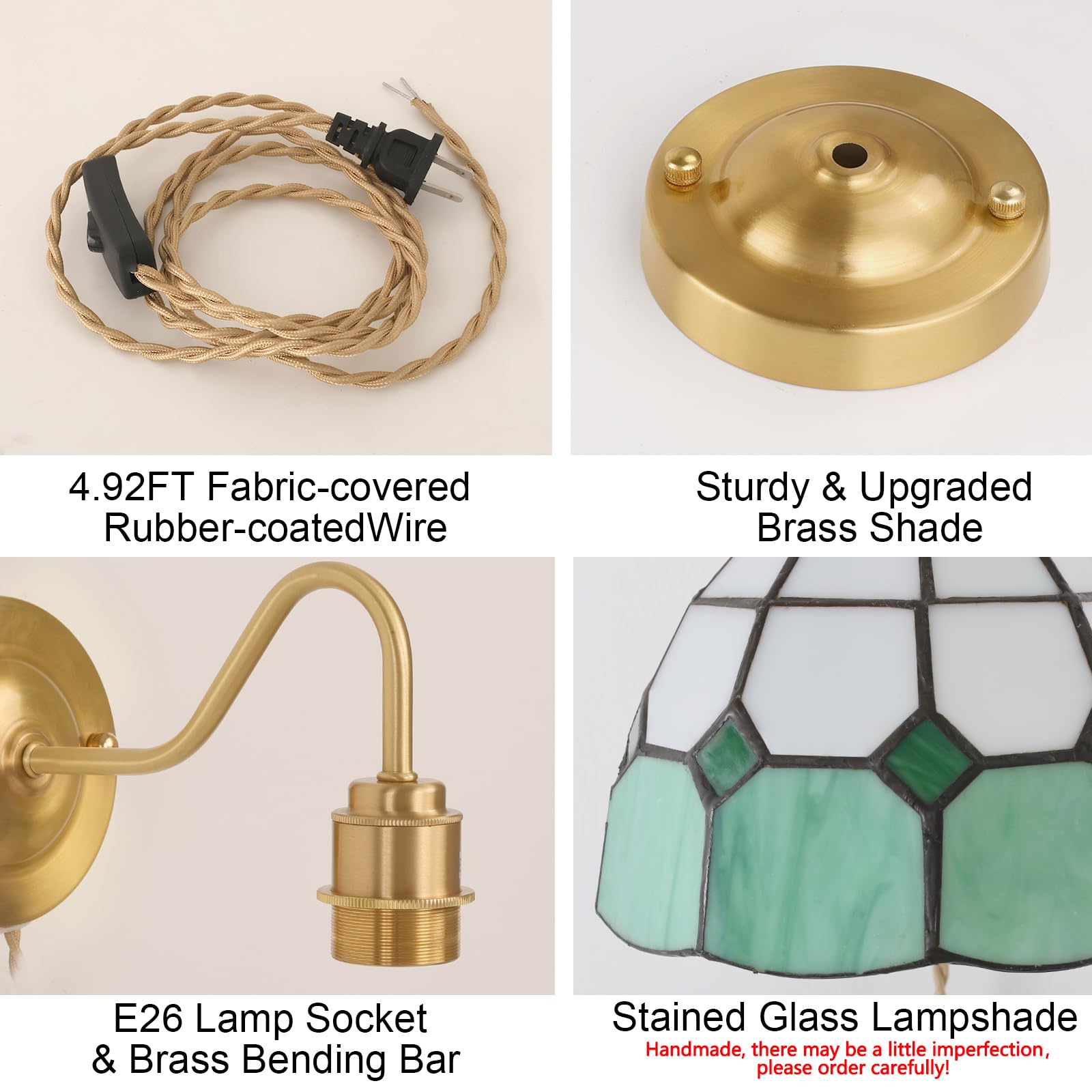 Wall Sconce, Wall Mounted Lamps with Green Checker Sconce, Stained Glass Shade Brass Wall Lights Fixture with Plug in Cord and Switch for Bedroom Bathroom Living Room Hallway