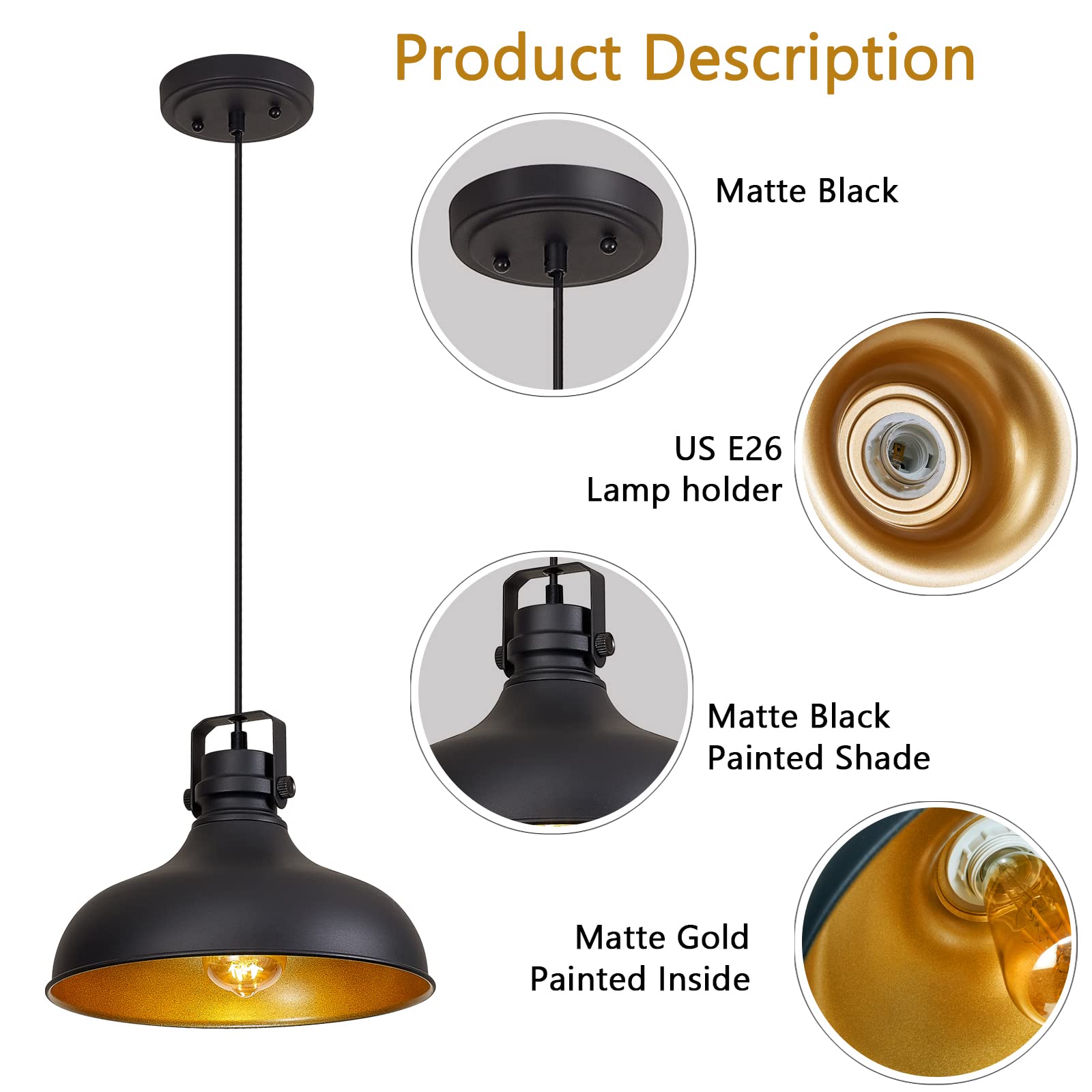 Black Farmhouse Pendant Lights Matte Pendant Lighting for Kitchen Island Industrial Adjustable Height Vintage Dome Hanging Light Fixtures for Barn, Dining Room 3 Packs