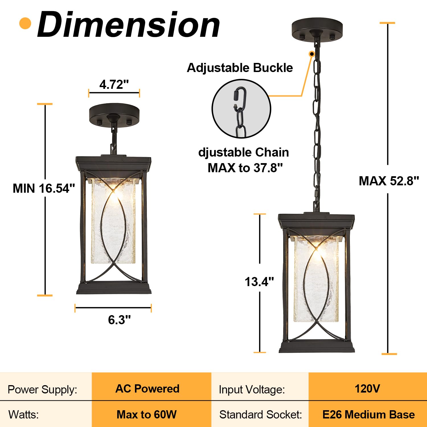 Outdoor Pendant Light Fixtures Dusk to Dawn Exterior Ceiling Hanging Lantern for Porch, Modern Black Outside Chandelier Light with Crack Glass for Front Door Porch Gazebo Foyer Entryway