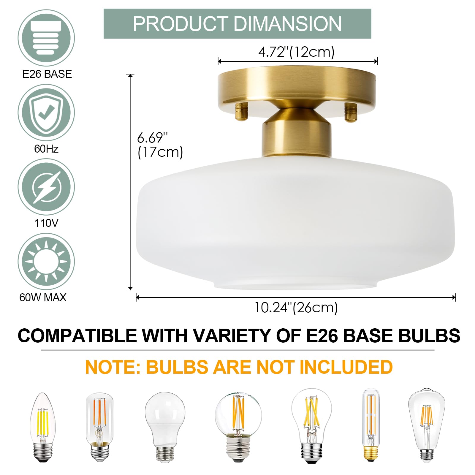 Flush Mount Light with Frosted Glass Shade, Brass Gold Finish Ceiling Light Fixture for Kitchen, Hallway, Entryway, Bathroom, Closet