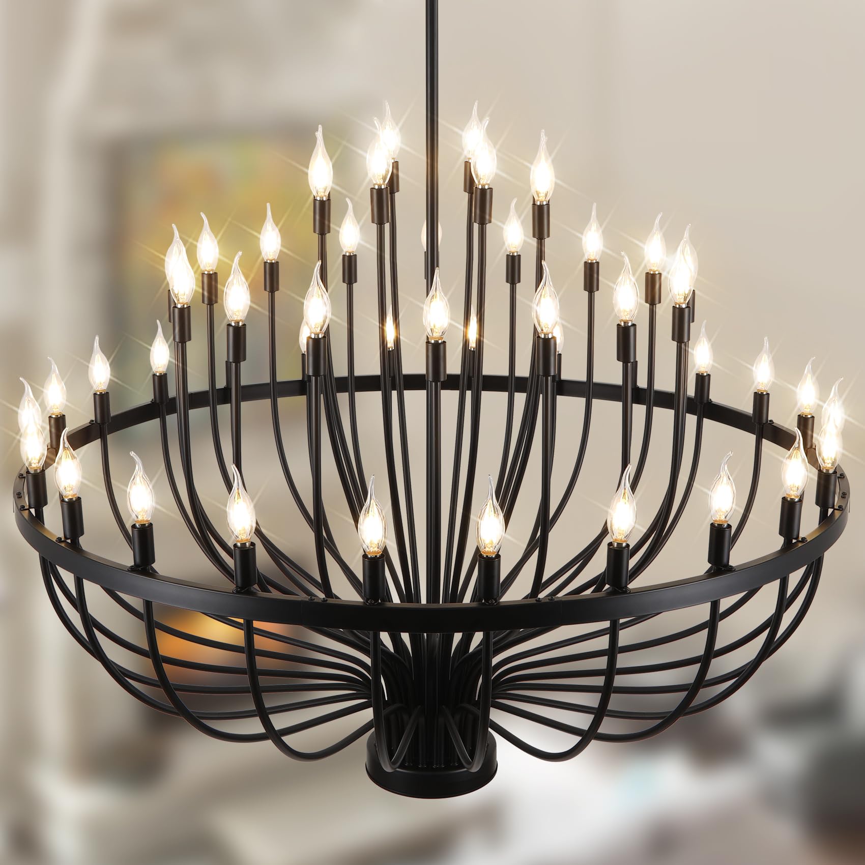 Black Chandelier 24 Light, Modern Farmhouse Chandelier for Dining Room, Round Industrial Candle Chandeliers Light, Wagon Wheel Chandelier 39in 3-Tier for Hallway, Living Room, Foyer, Island Lights