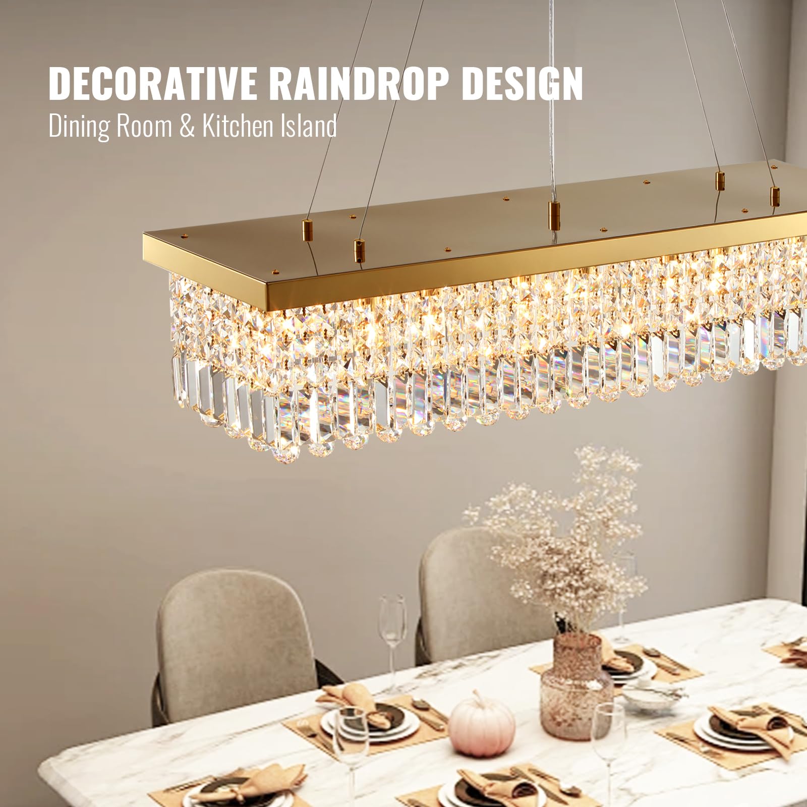 6-Light Modern Crystal Chandelier Rectangular Gold K9 Crystal Raindrop Chandelier for Dining Room, Luxury Adjustable Ceiling Pendant Light for Living Room Kitchen Island L31.5'' x W10'' x H10''