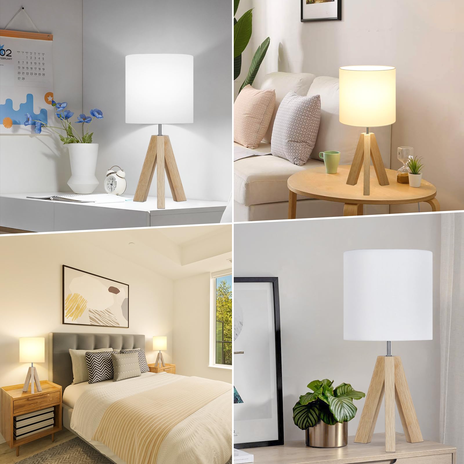 Small Beside Table Lamp, Wood Tripod Table Lamp with White Fabric Shade, Cute Boho Nightstand Lamp, Minimalist Desk Lamp for Bedroom Living Room Nursery Kids Room Office Dorm, Bulb Not Included