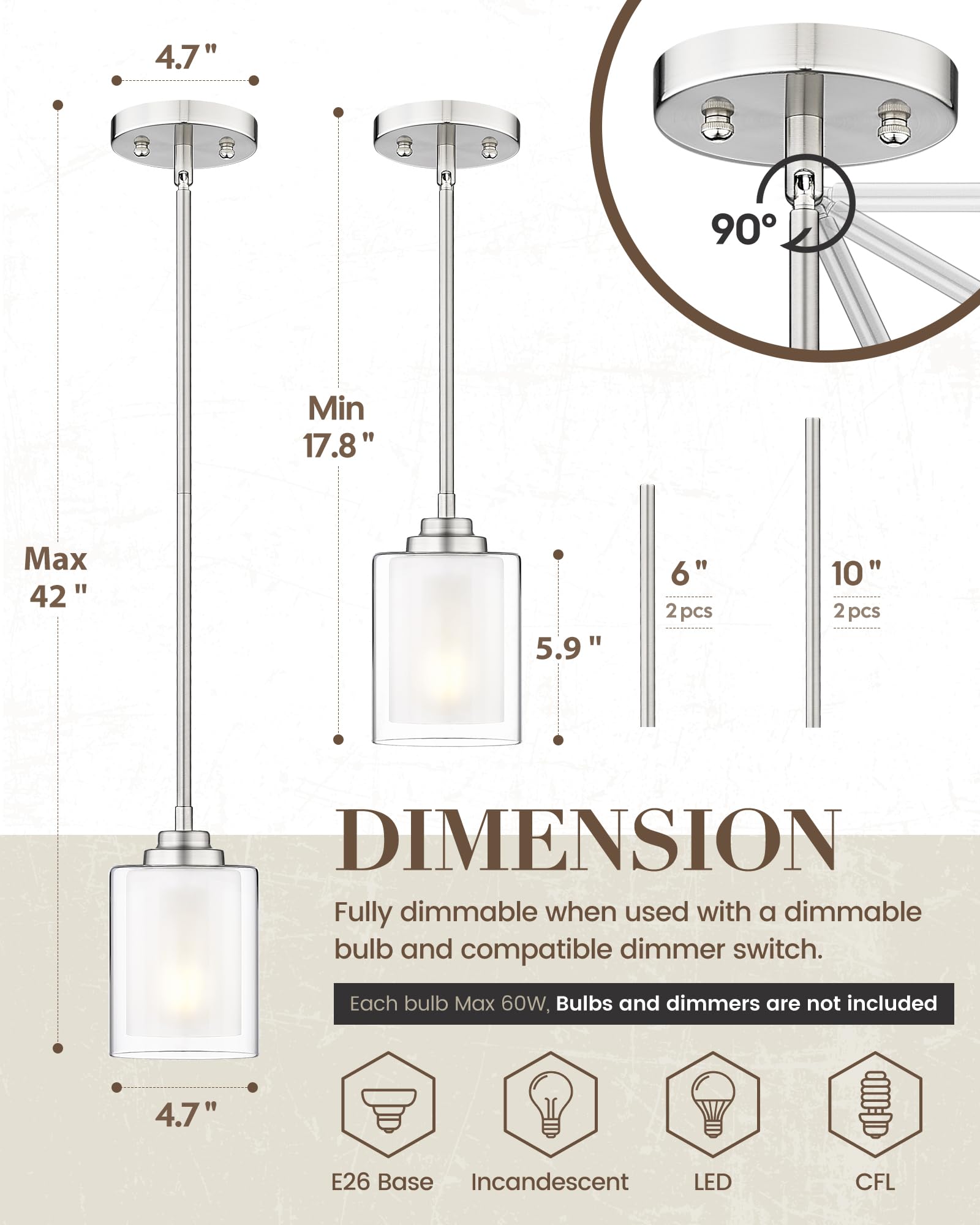 TENGXIN 3-Lights Modern Pendant Light with Glass Shade Brushed Nickel Pendant Lighting Adjustable Industrial Retro Style Hanging Light Fixture for Kitchen, Farmhouse