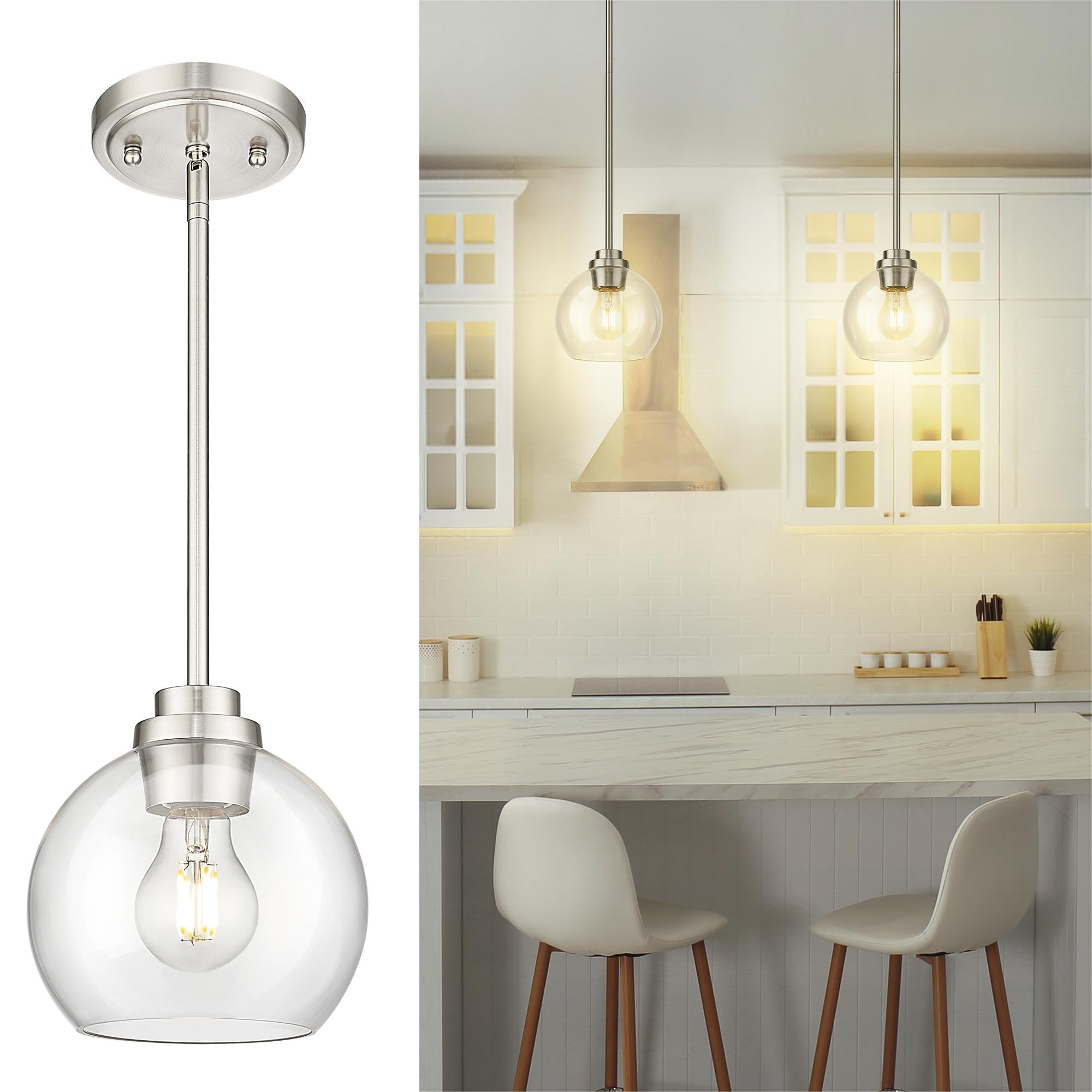 Brass Pendant Lights Kitchen Island 2 Pack, Farmhouse Gold Pendant Light with Clear Glass Globe Shade, Kitchen Island Lighting for Dining Room Entryway, AD-22280-1P2-GD-C