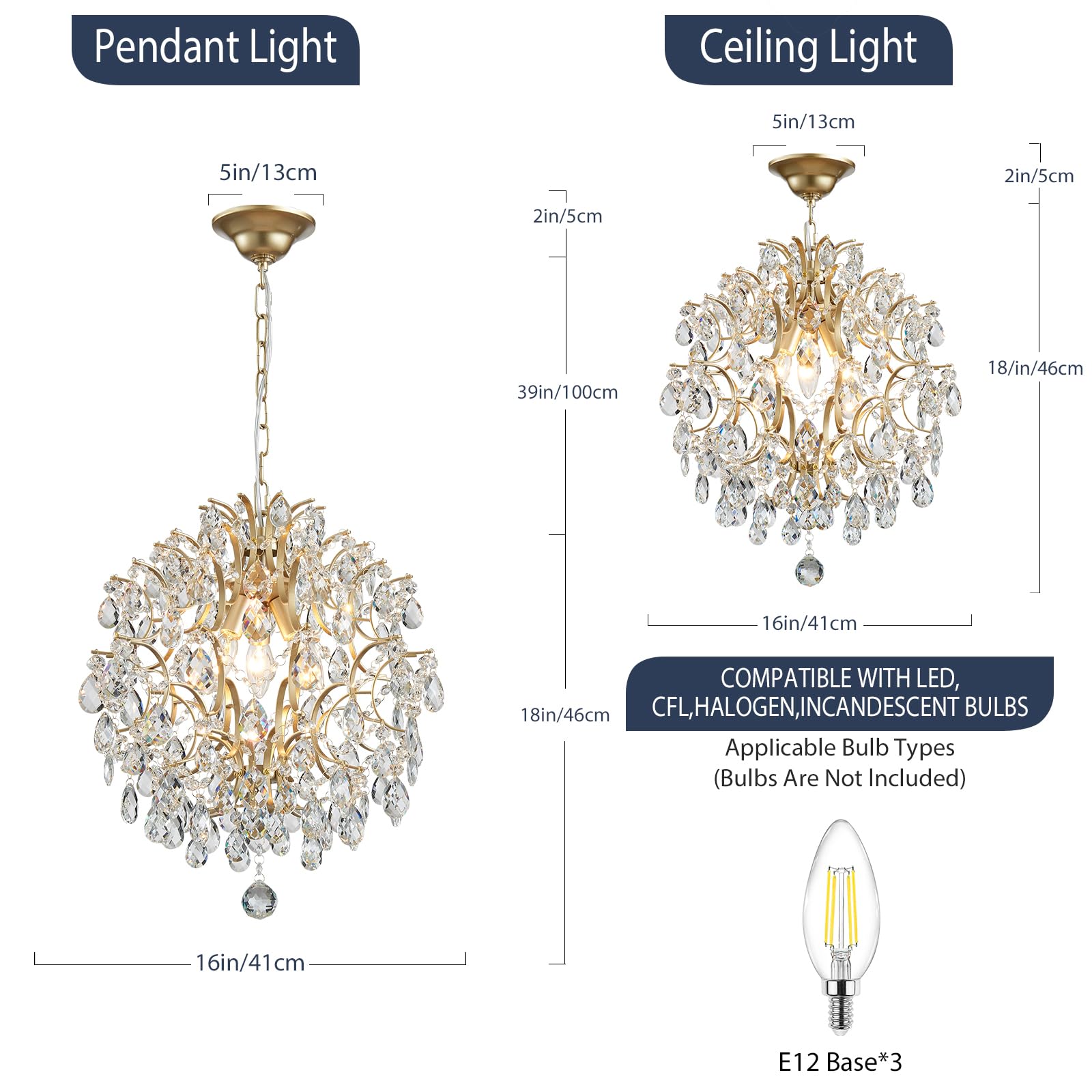 Bestier Modern Pendant Chandelier Crystal Raindrop Lighting Ceiling Light Fixture Lamp for Dining Room Bathroom Bedroom Livingroom entryway 3 E12 Bulbs Required D16 in x H18 in