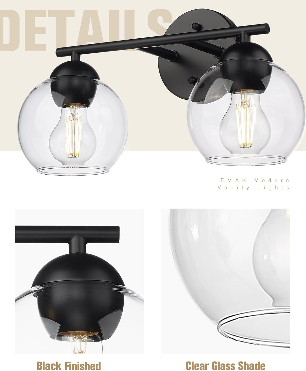 Black Vanity Lights for Mirror, Modern Farmhouse 2-Light Bathroom Light Fixtures Globe Bathroom Vanity Light with Milk Glass Shade, VL114-BK-ML-2