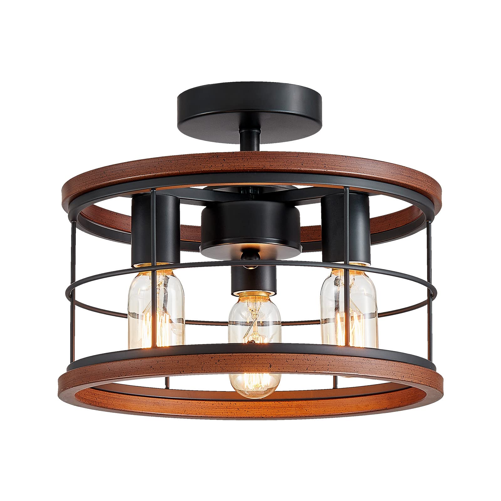 3-Light Semi Flush Mount Ceiling Light Fixture Vintage Ceiling Light Farmhouse Ceiling Light Metal Cage Ceiling Lamp for Kitchen Dining Room Hallwa Bedroom Living Room (Dark Wood Color)