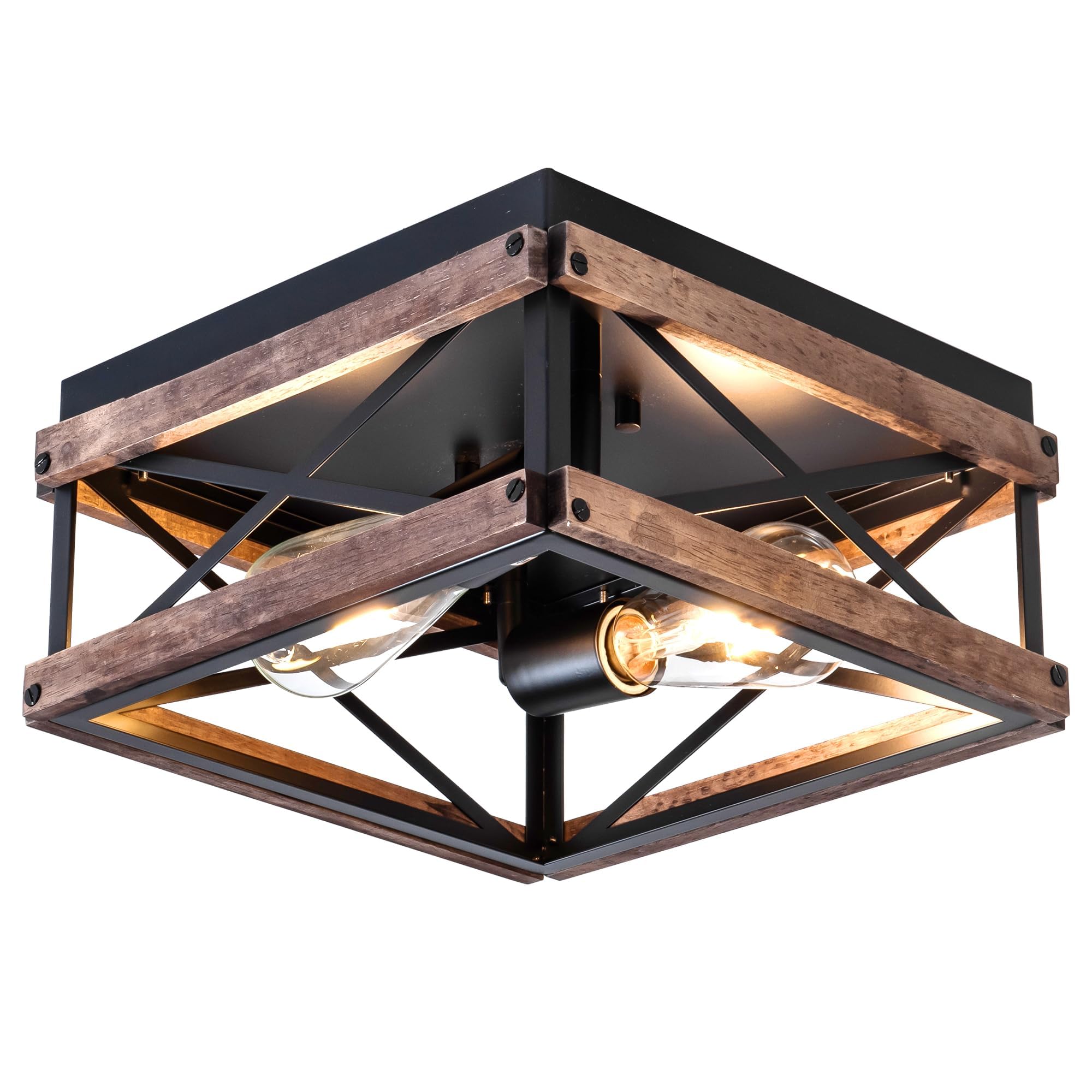 2-Light Farmhouse Flush Mount Ceiling Light, Rustic Ceiling Light, Metal and Wood Square Dining Room Light Fixture for Hallway Farmhouse Entryway Balcony Kitchen