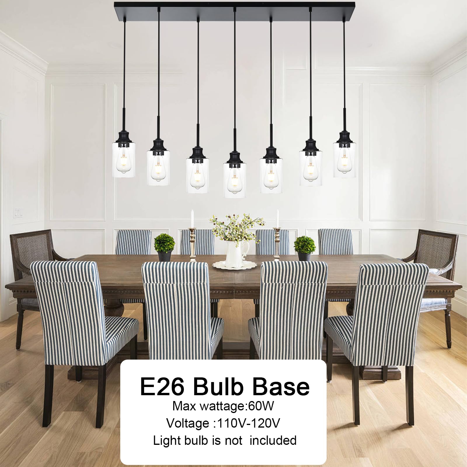 3-Light Kitchen Island Pendant Light Fixtures Hanging Black Farmhouse Pendant Lighting Cluster with Clear Glass Shade, Modern Industrial Linear Chandeliers Light for Dining Room Foyer Hallway