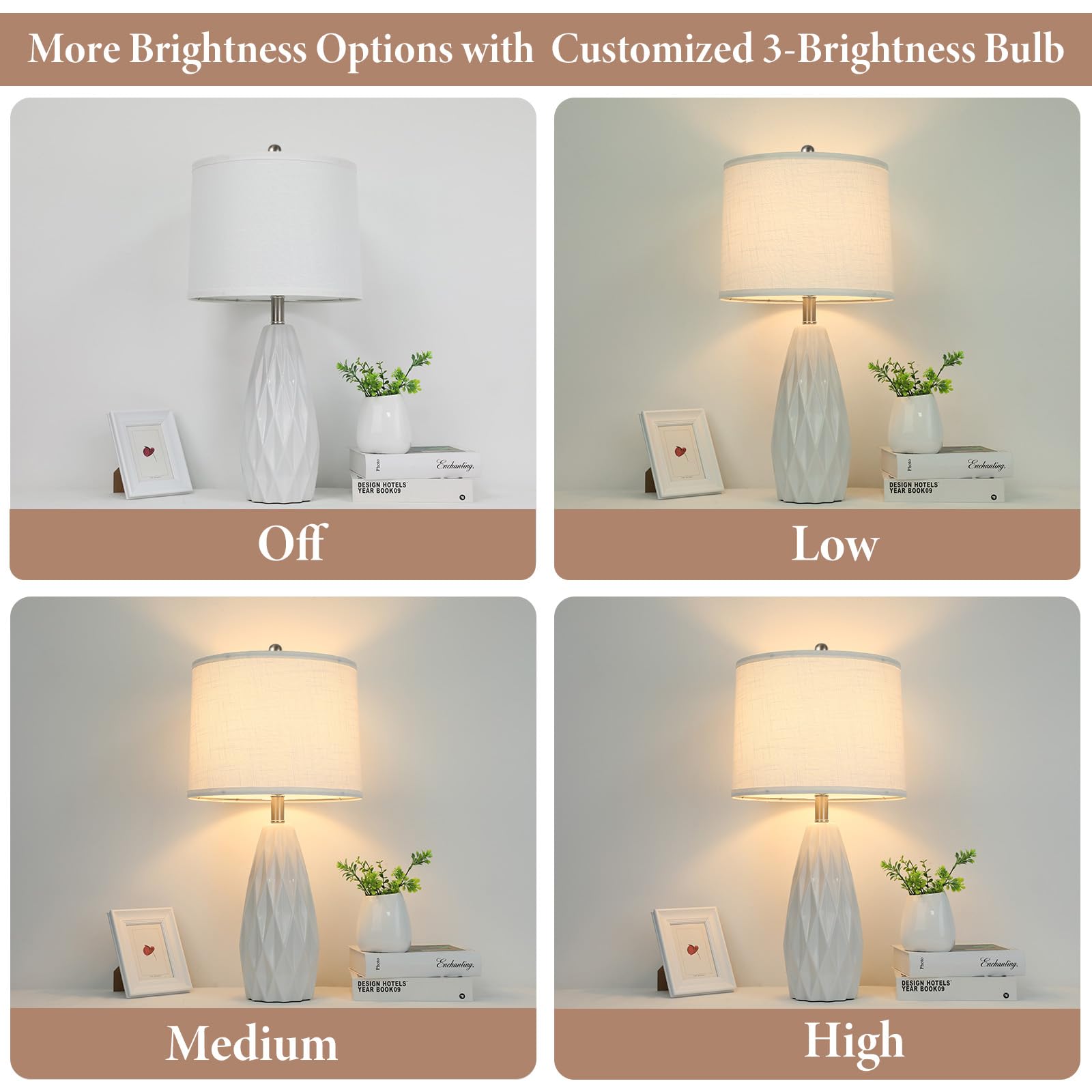 Table Lamp 25", Bedside Lamps for Bedroom Ceramic Desk Lamp White Lamp for Living Room End Table Lamps | 3-Way Dimmable Tall Nightstand Lamps Modern Geometric Lamp for Farmhouse Office(Bulb Included)