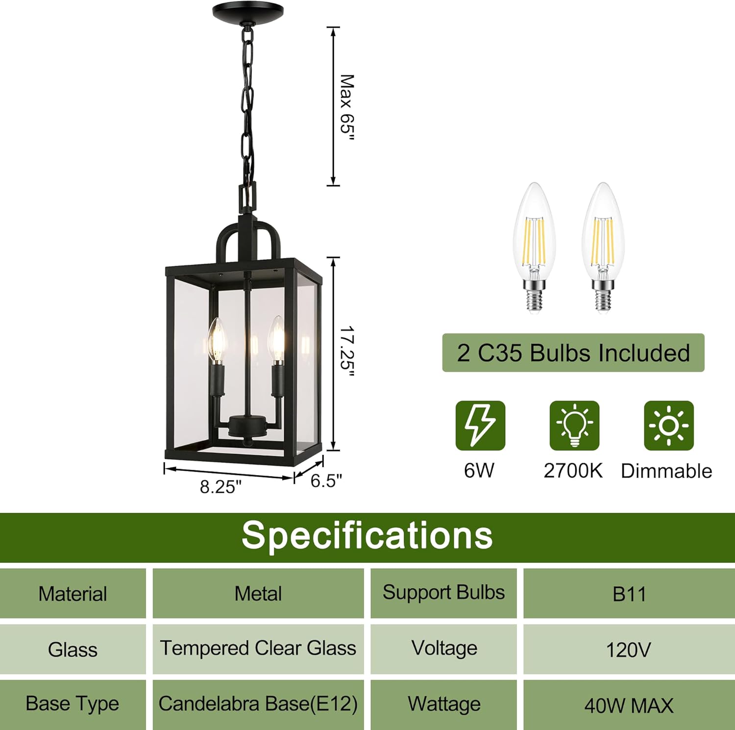 Large Outdoor Indoor Pendant Light 2-Light, Modern Black Metal Outside Chandelier Exterior Hanging Fixture Ceiling Mount with Clear Glass Shade for Front Porch Entrance Foyer Entryway (Bulb Included)