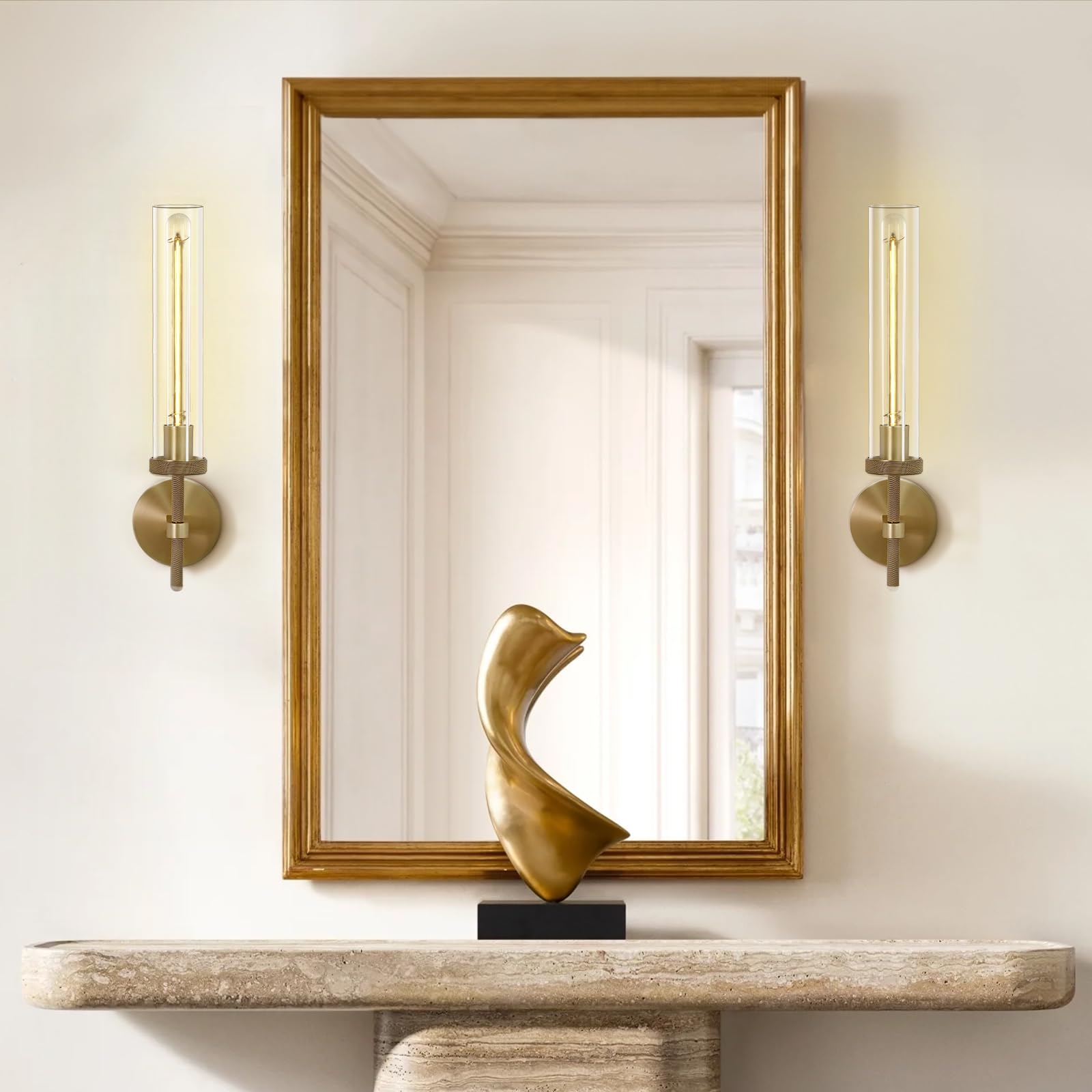 Brass Wall Sconces Set of Two, 19" Knurled Gold Sconces Wall Lighting, Tube Glass Bathroom Sconces Wall Lights for Bedroom Living Room Vanity Sconce Wall Lamp for Hallway, Staircase