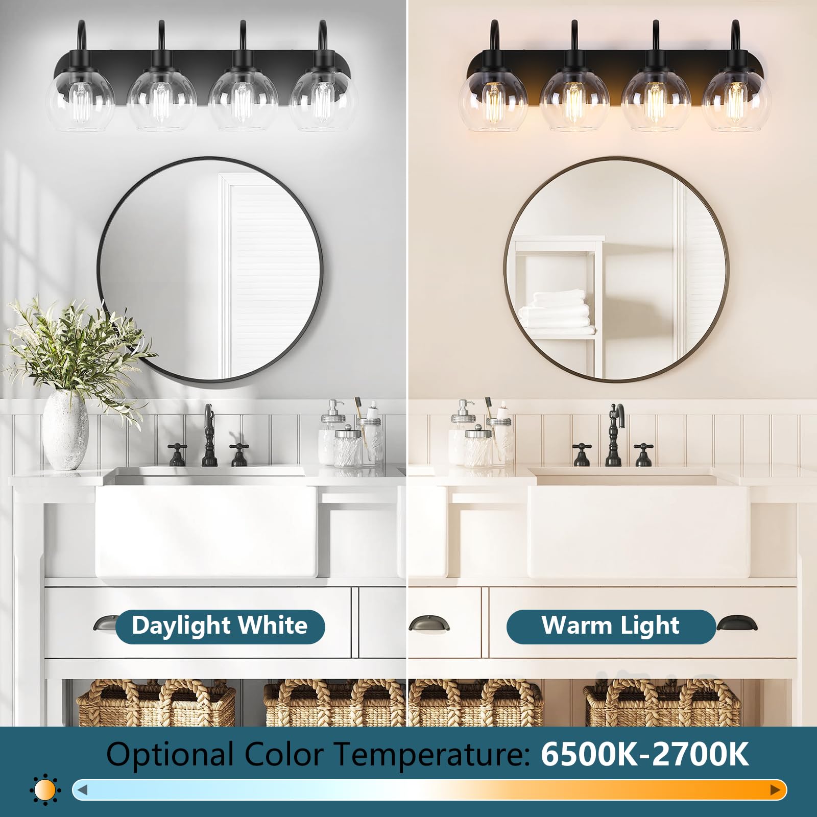 Industrial Bathroom Vanity Light， 4-Light Bathroom Lights Over Mirror with Clear Glass Globe Shade and Metal Base, Matte Black Bathroom Vanity Light Fixture