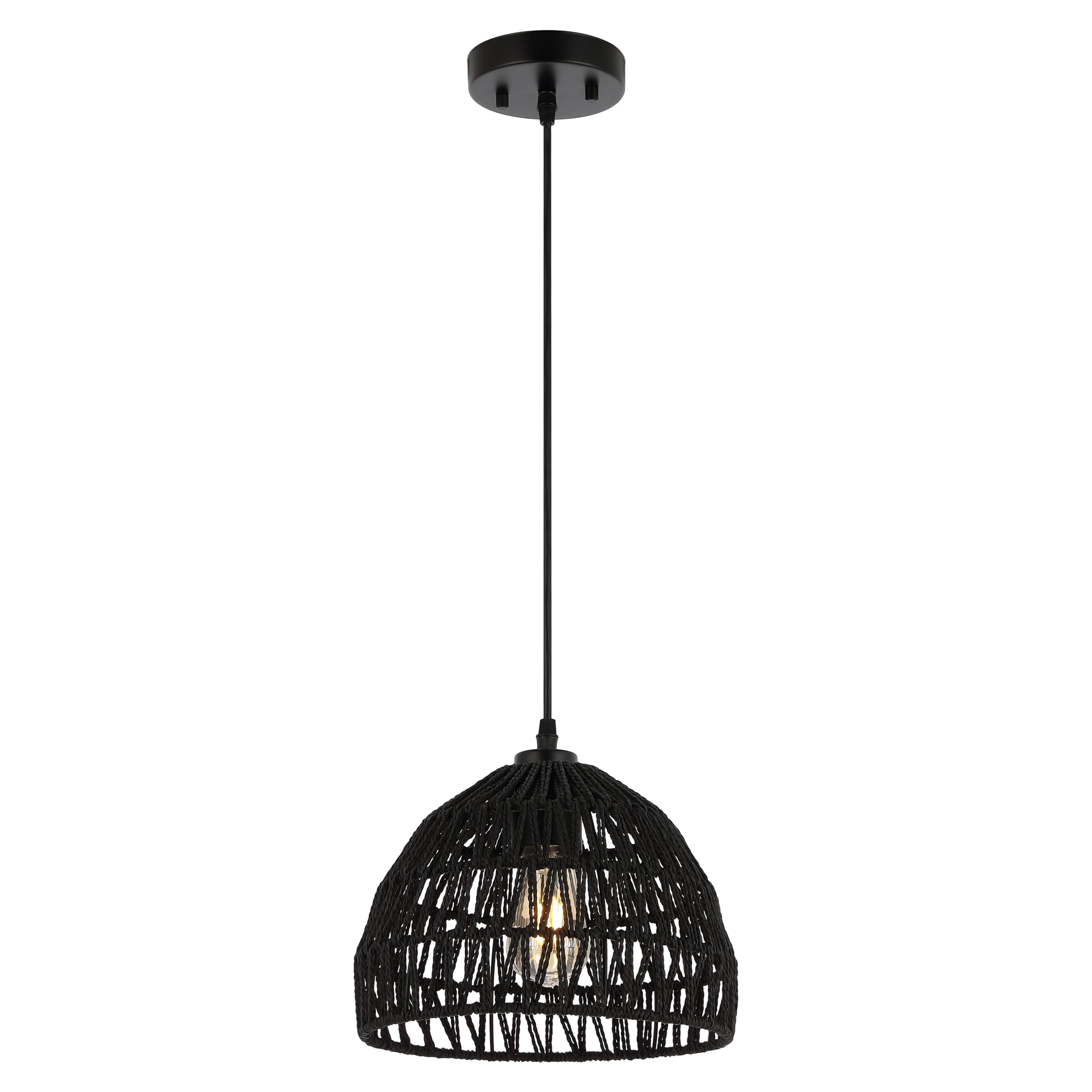 20" 1-Light Bohemian Modern Woven Rattan/Iron LED Pendant Farmhouse Coastal Adjustable Dining Room Living Room Kitchen Island Foyer Bedroom Hallway, Black