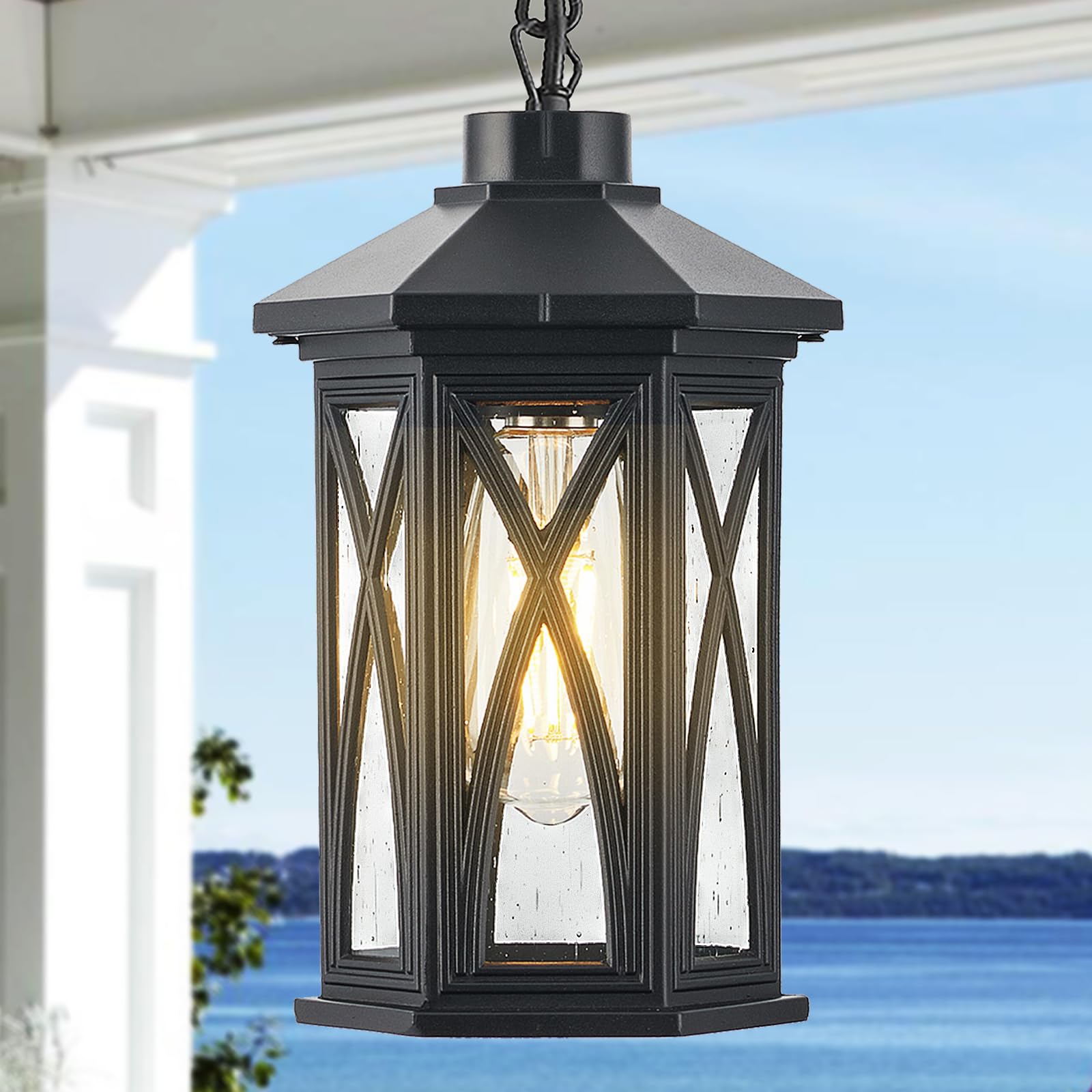 Outdoor Pendant Light, Waterproof Aluminum Black Exterior Hanging Lantern with Seeded Glass, Outside Chandelier Modern Exterior Hanging Light Fixtures for Porch Foyer Entryway, 609-1H-SBK