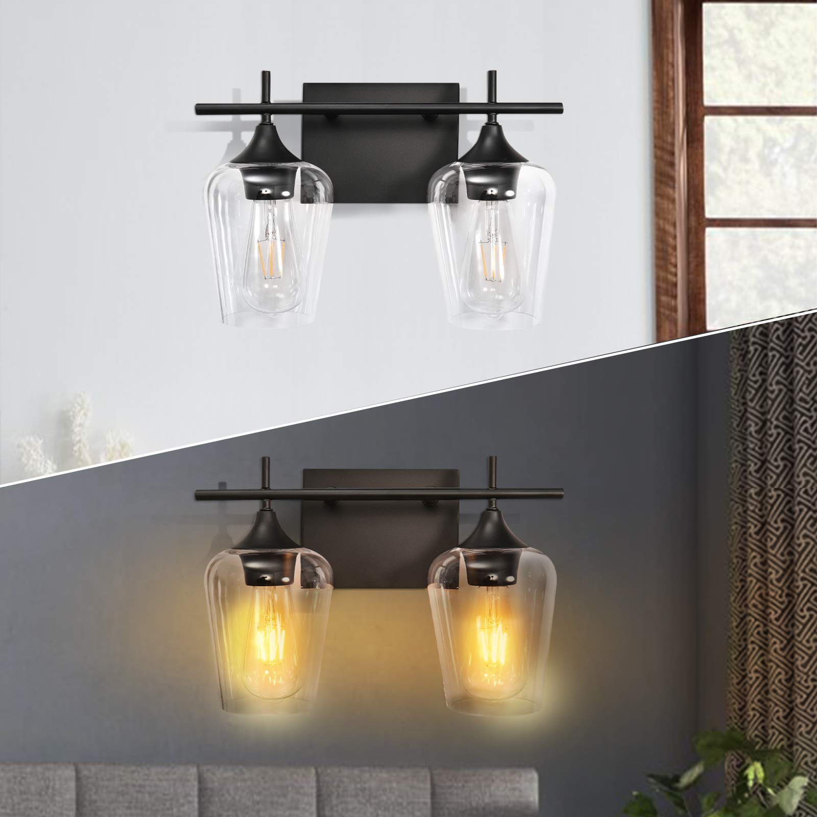 Vanity Lights Fixtures, 2 Light Bathroom Light, Black Bathroom Lighting Fixtures Over Mirror with Clear Glass Shade, Modern Vanity Lighting for Bath, Living Room, Bedroom