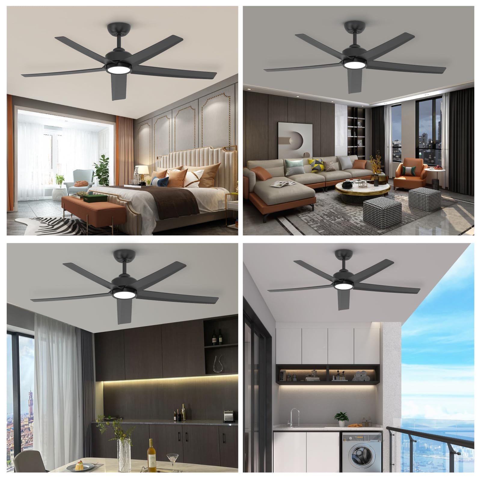 Ceiling Fans with Lights, 52 inch Black Ceiling Fan with Light and Remote Control, 3CCT, Quiet DC Motor, 5 Blades Modern Ceiling Fan for Living Room Farmhouse Bedroom