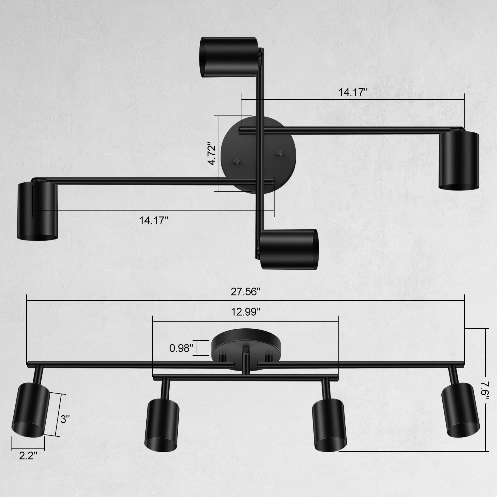 LED 2 Light Track Lighting Kit, Black 2 Way Ceiling Spot Lighting, Flexibly Rotatable Light Head for Kitchen, Living Room, Bedroom, GU10 Bulb Not Included