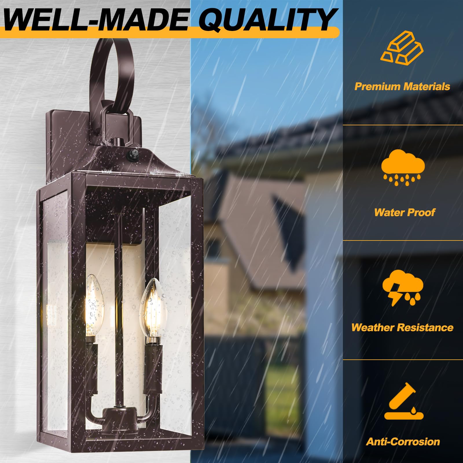 19" Black Outdoor Wall Lantern 2-Light, Large Outside Modern Wall Sconce Light Fixture, Industrial Porch Light Wall Mount with Glass, Waterproof Farmhouse Exterior Lamp Lighting （1 Pack）