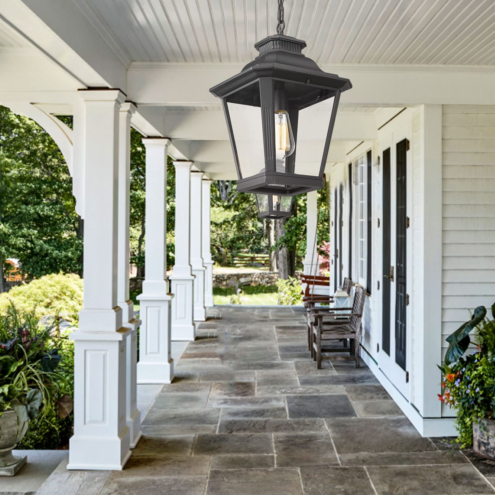 Outdoor Pendant Light for Porch, Exterior Hanging Lantern Outdoor Chandelier in Black Finish for Entryway, Doorway, Farmhouse, Foyer