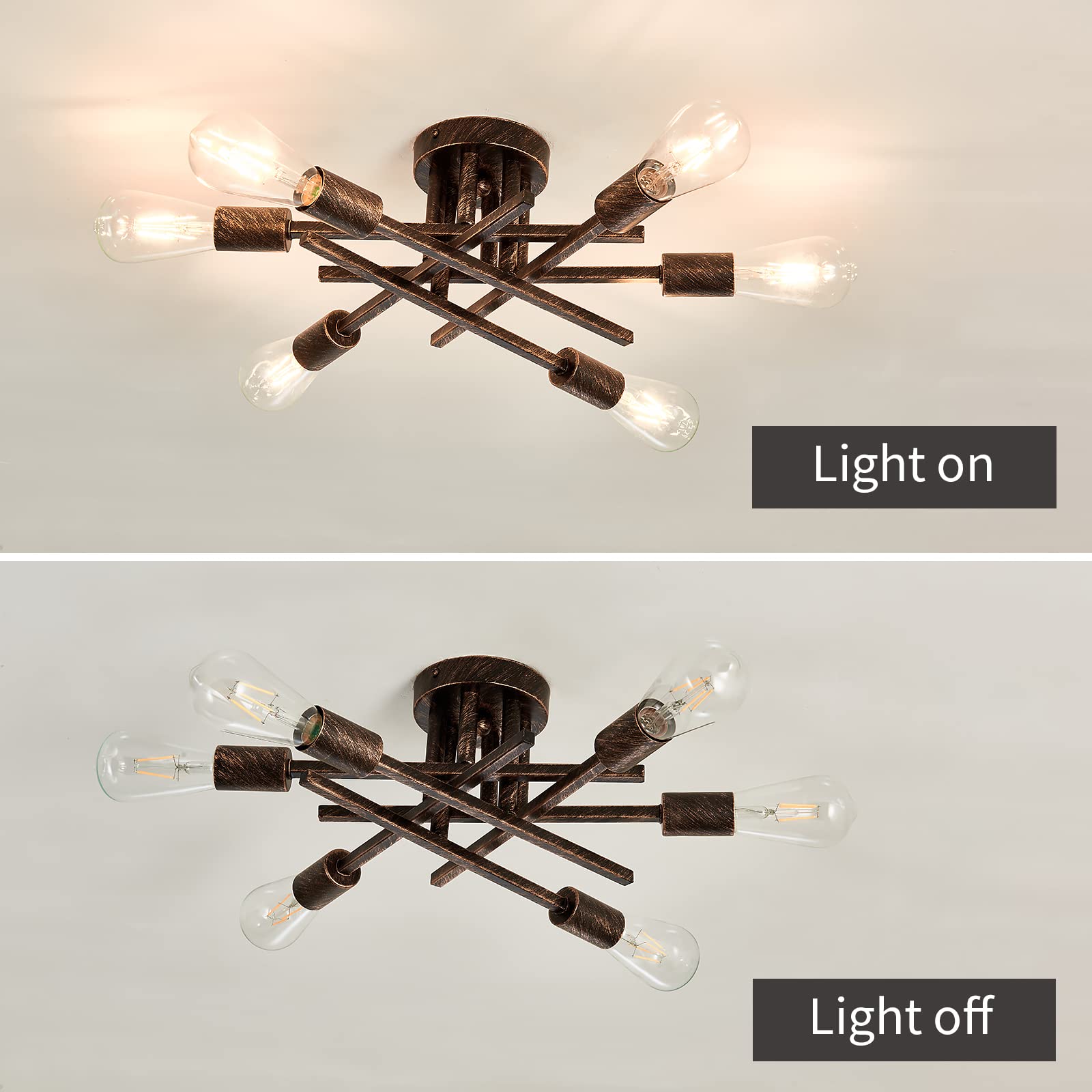 Semi Flush Mount Modern Ceiling Light Fixture， 6 Lights Black Vintage Matte Sputnik Chandelier Ceiling Lamp with E26 Bulb Base for Farmhouse Dining Room Living Room Bedroom Study Kitchen