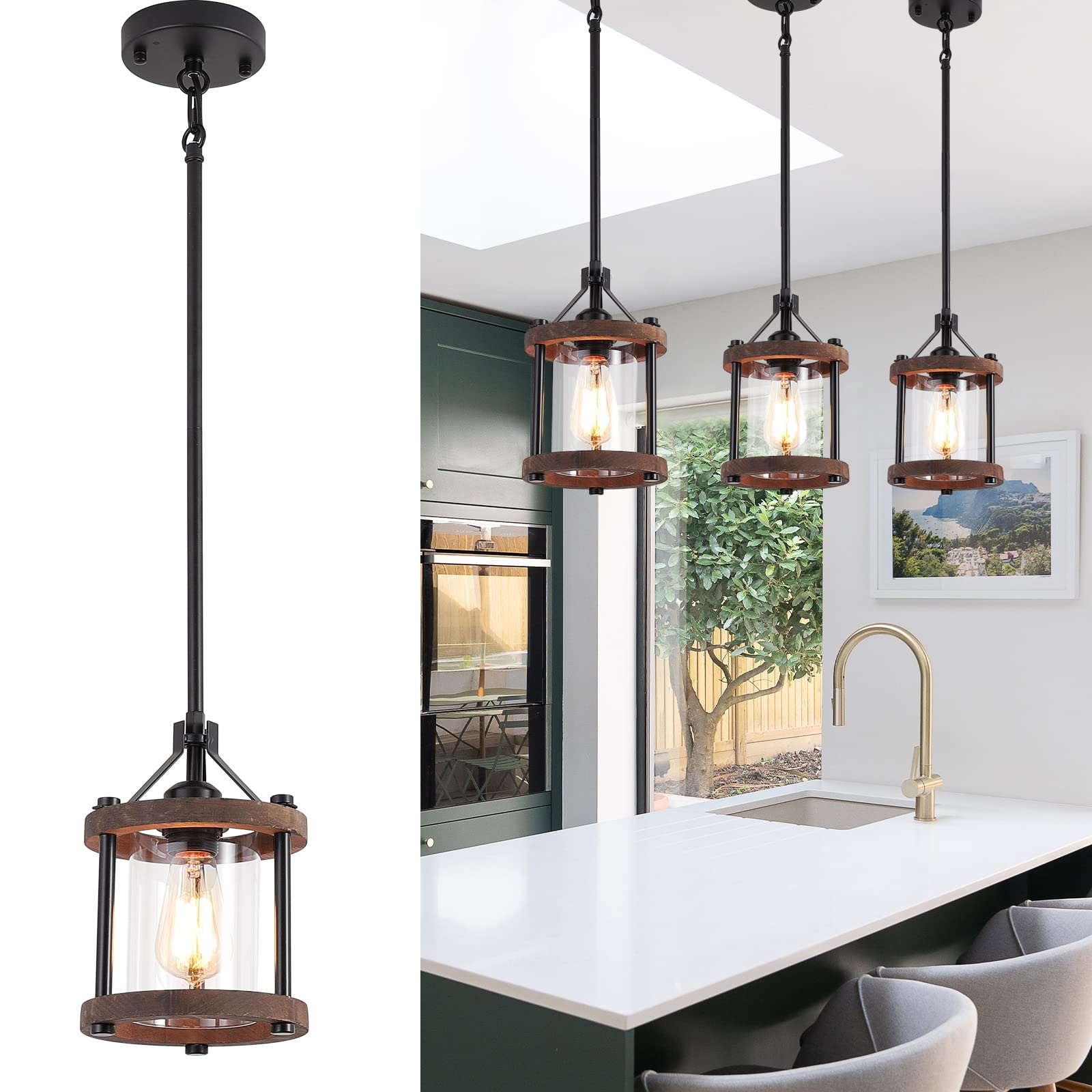 Farmhouse Pendent Lights in Kitchen Island, Rustic Wood Pendant Light with Glass Shade, Bronze Entryway Pendant Lighting, Adjustable Glass Hanging Light Fixtures for Foyer, Sink, 1 Pack