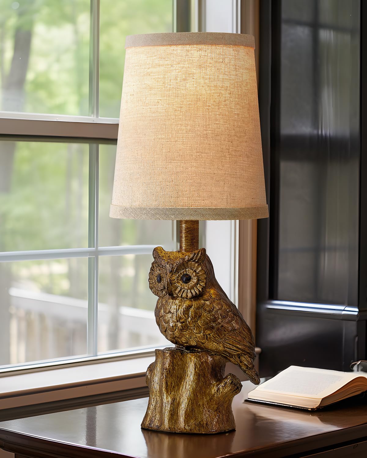 Small Table Lamp for Living Room Farmhouse Bedside Resin Single Lamp with Brown Owl Lamp Shape for Bedroom Retro Rustic Nightstand Lamp