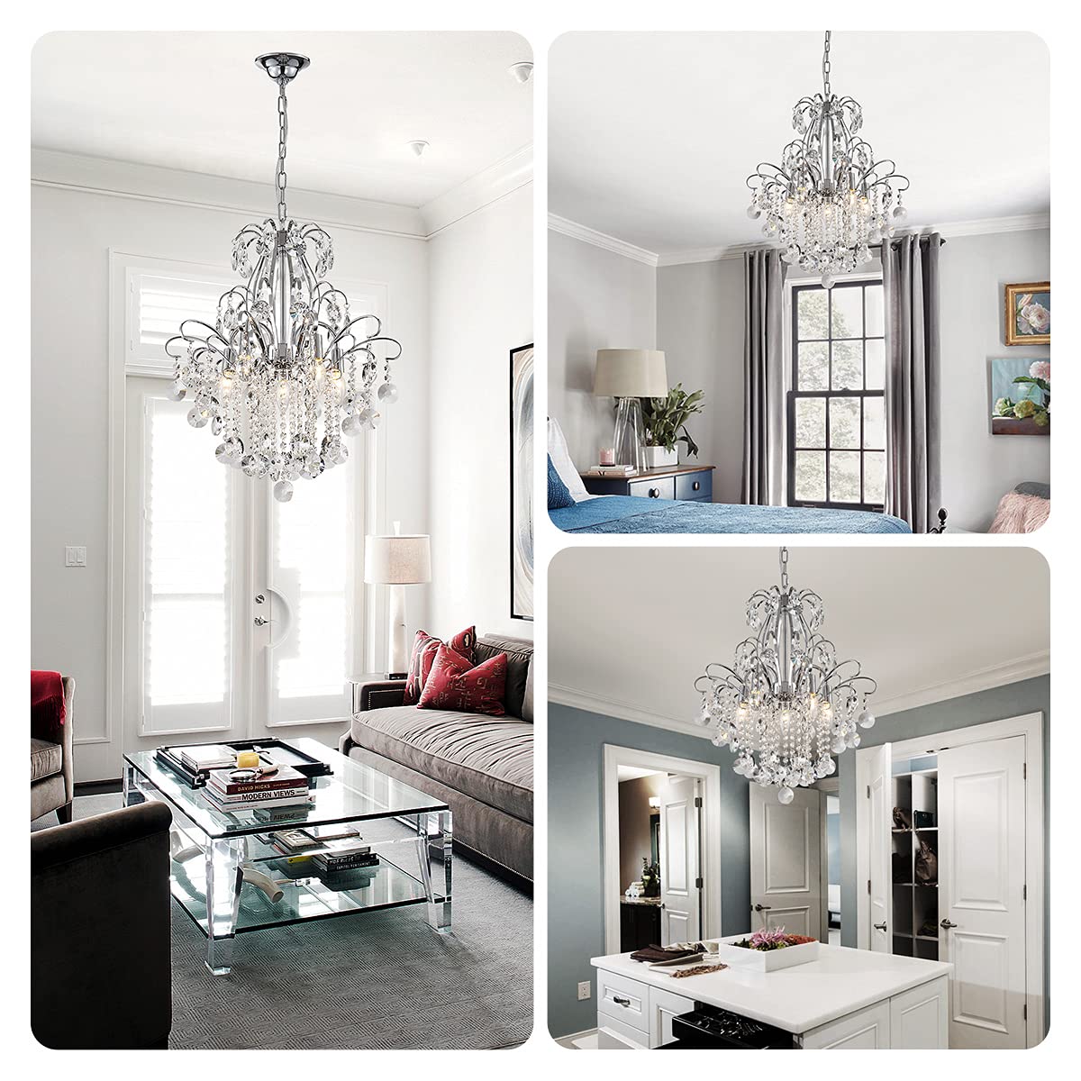 Crystal Chandelier Flushmount Ceiling Light Modern Lighting Fixture for Bedroom Hallway Bar Kitchen Bathroom, H 17.5'' x W 19.3'', E12 Base, Gold