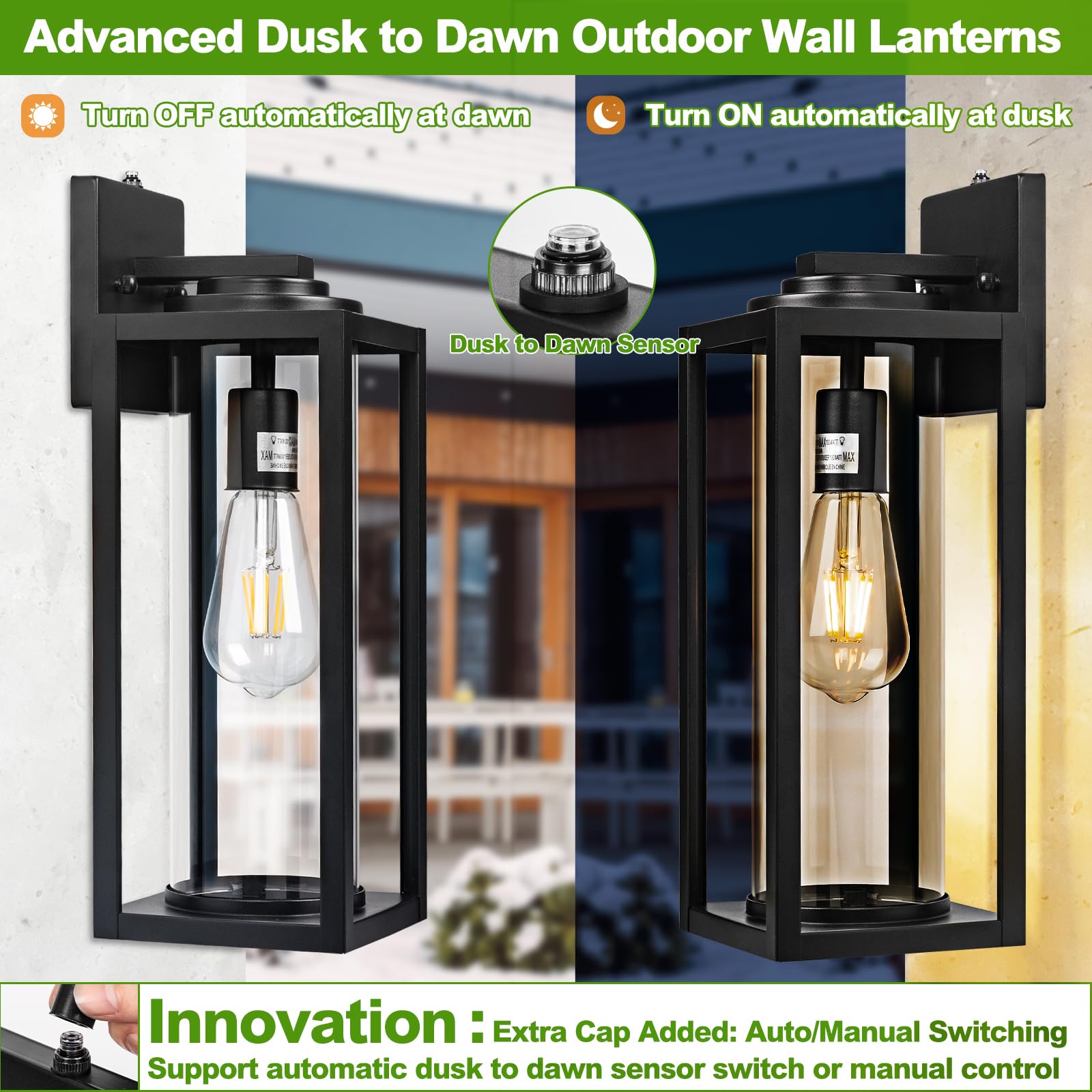 16inch Large Outdoor Wall Lights - 2 Packs Modern Black Exterior Light Fixture with Clear Glass Shade, Waterproof Porch Lighting for House, Farmhouse Sconces Lantern for Front Door, Garage