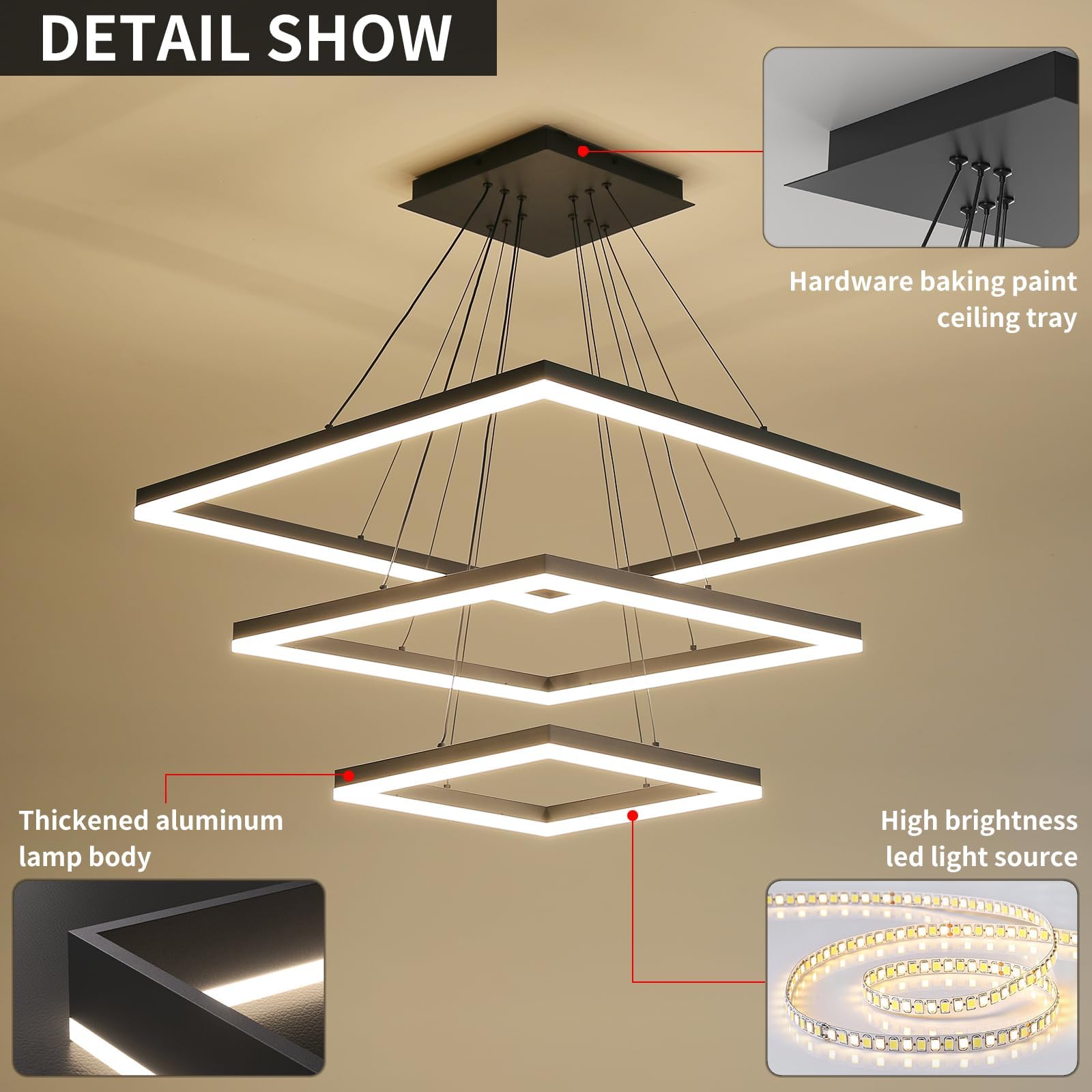 Modern LED Chandelier, Double Rectangles Ceiling Pendant Lights, LED Island Lights Dimmable Chandeliers for Dining Room Living Room Bedrooms, Black (40CM/60CM)