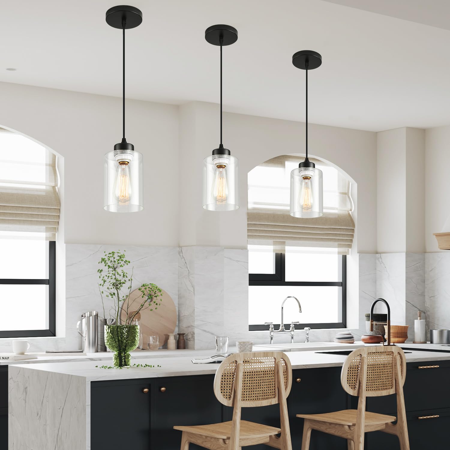 Modern Black Farmhouse Pendant Light with Clear Glass Shade,Industrial Pendant Lighting, Adjustable Hanging Light Fixtures, Farmhouse Pendant Lighting