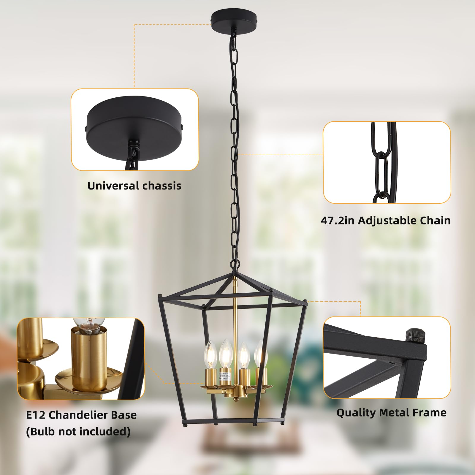 Gold Pendant Light for Dining Room, Lantern Chandelier Light Fixture 4 Lights for Kitchen Island Adjustable Brass Geometric Hanging Light for Foyer Entryway