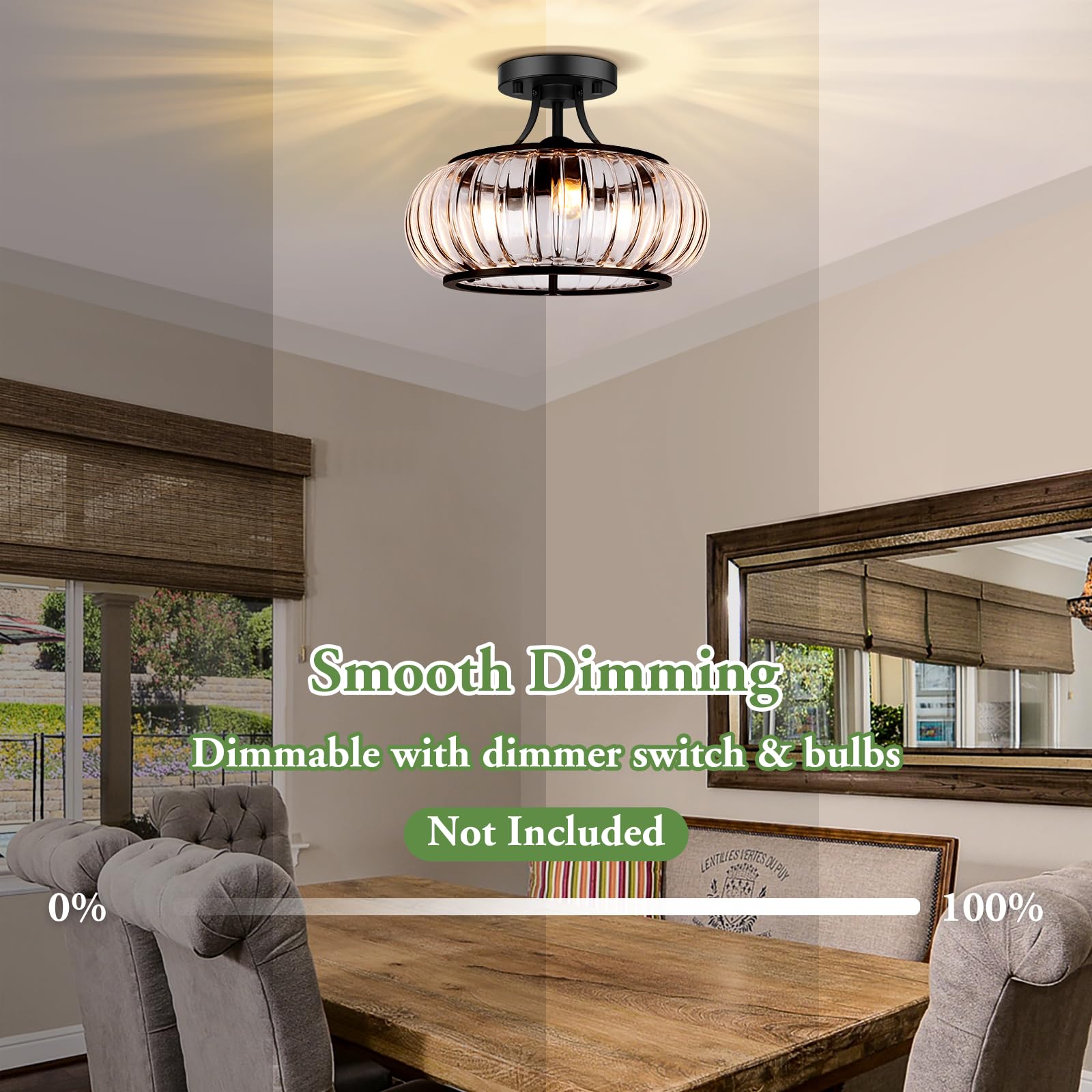 Modern 3-Light Semi Flush Mount Ceiling Light, Clear Glass Hallway Ceiling Light Fixture with Round Shade, Industrial Black Glass Close to Ceiling Lamp for Bathroom Kitchen Bedroom Porch