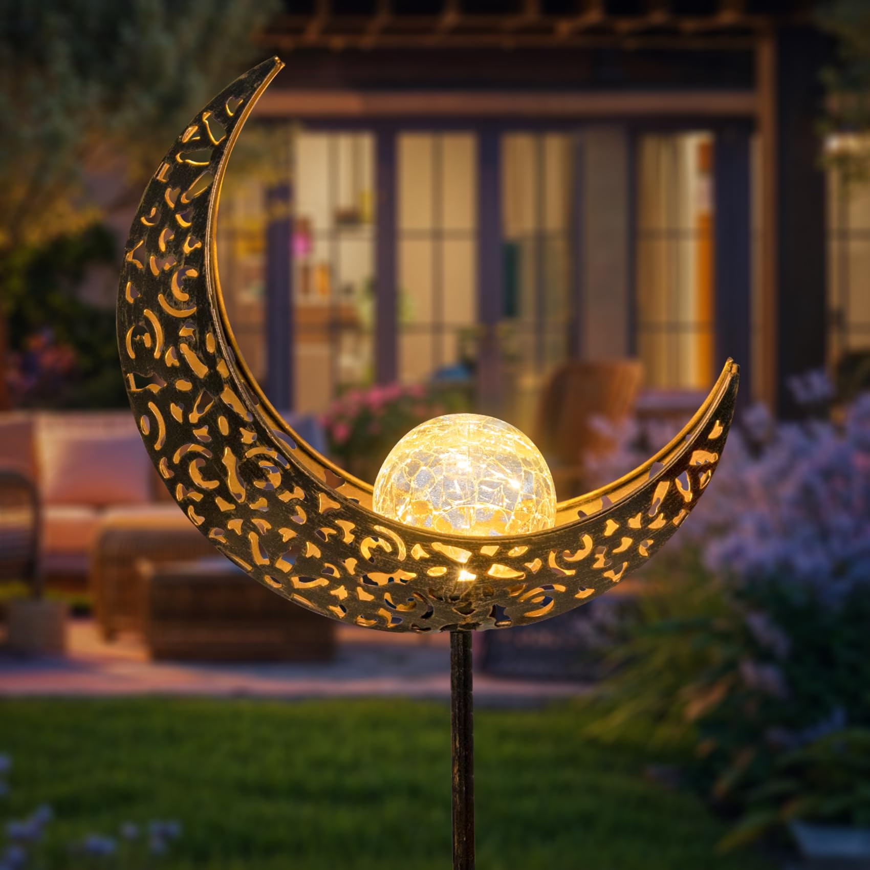 Moon Solar Garden Lights Outdoor Decor Stakes, Waterproof Crackle Glass Metal Lights for Lawn, Patio Accessory, Backyard Decorations Garden Birthday Gifts Mom Grandma (Bronze)