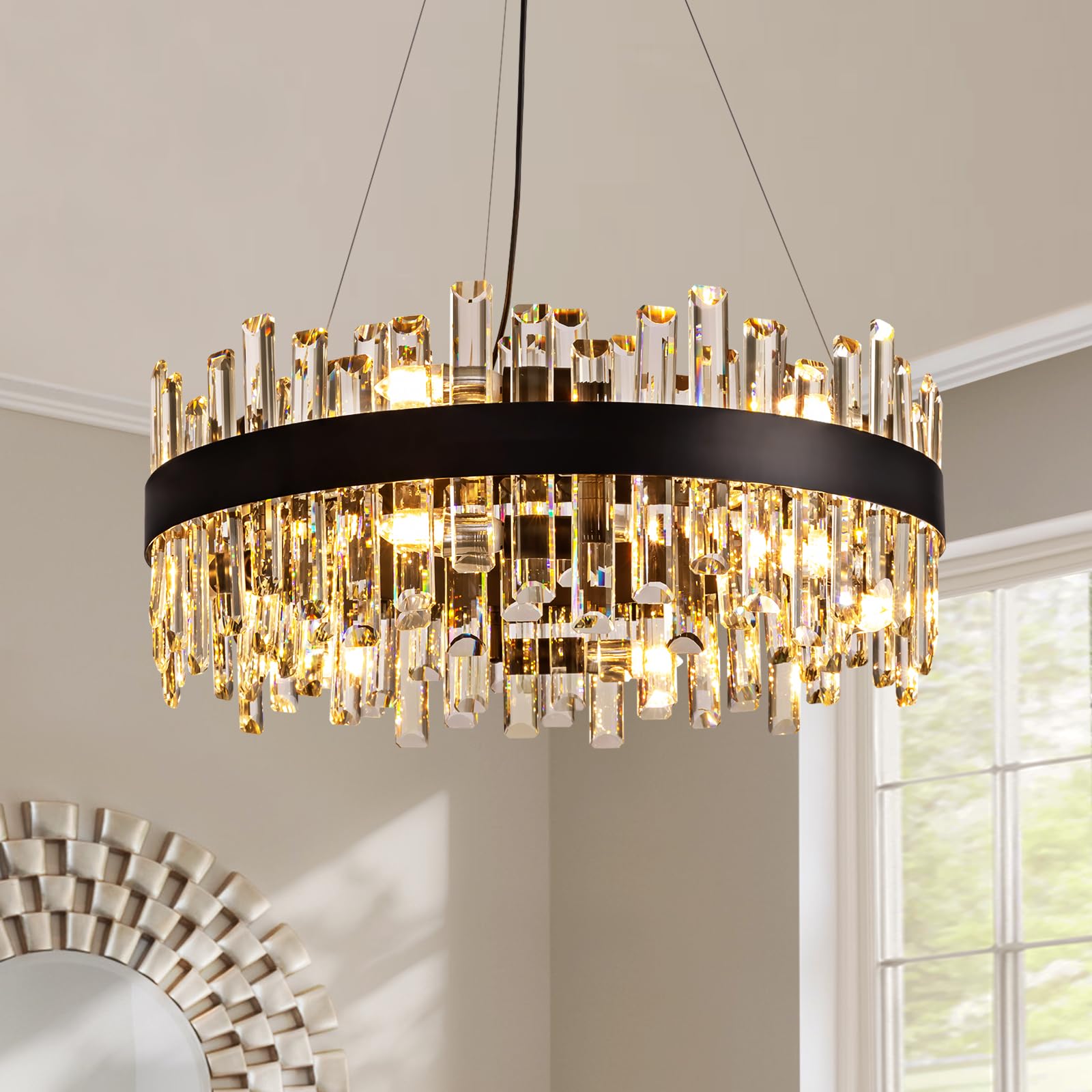 Modern Crystal Chandelier 12-Lights Round 2-Tiers K9 Crystal Raindrop Chandelier Black Industrial Farmhouse Pendant Ceiling Light Fixture for Dining Living Room Kitchen Island Entryway D23.6''