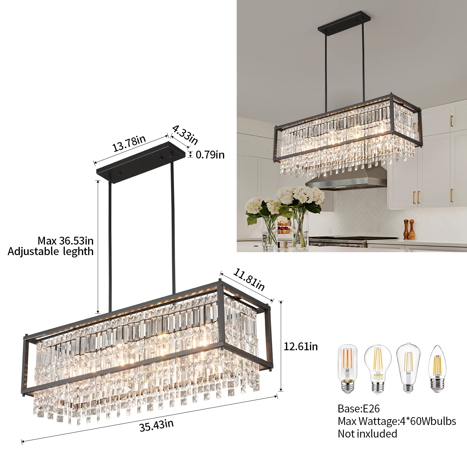 4-Light Dining Room Light Fixture 11.81 inch Square Lndustrial Farmhouse Chandelier Gold Metal Crystal Pendant Light for Kitchen Island Dining Room Living Room Flat and Inclined Ceiling