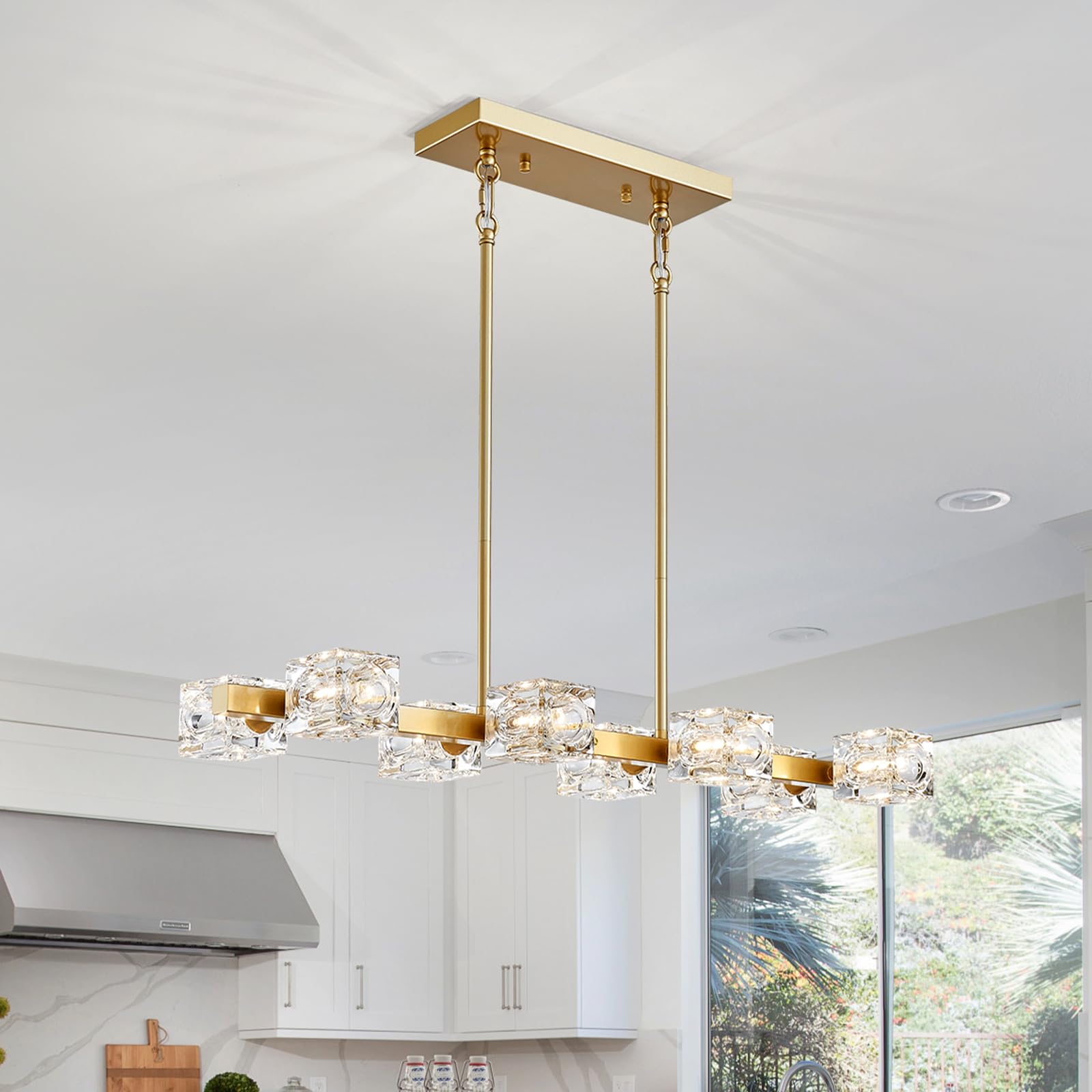 XINGQI Gold Chandelier Sputnik 8-Light Modern Farmhouse Glass Light Fixtures Rectangle Linear Chandelier for Dining Room Living Room Bedroom Kitchen Island