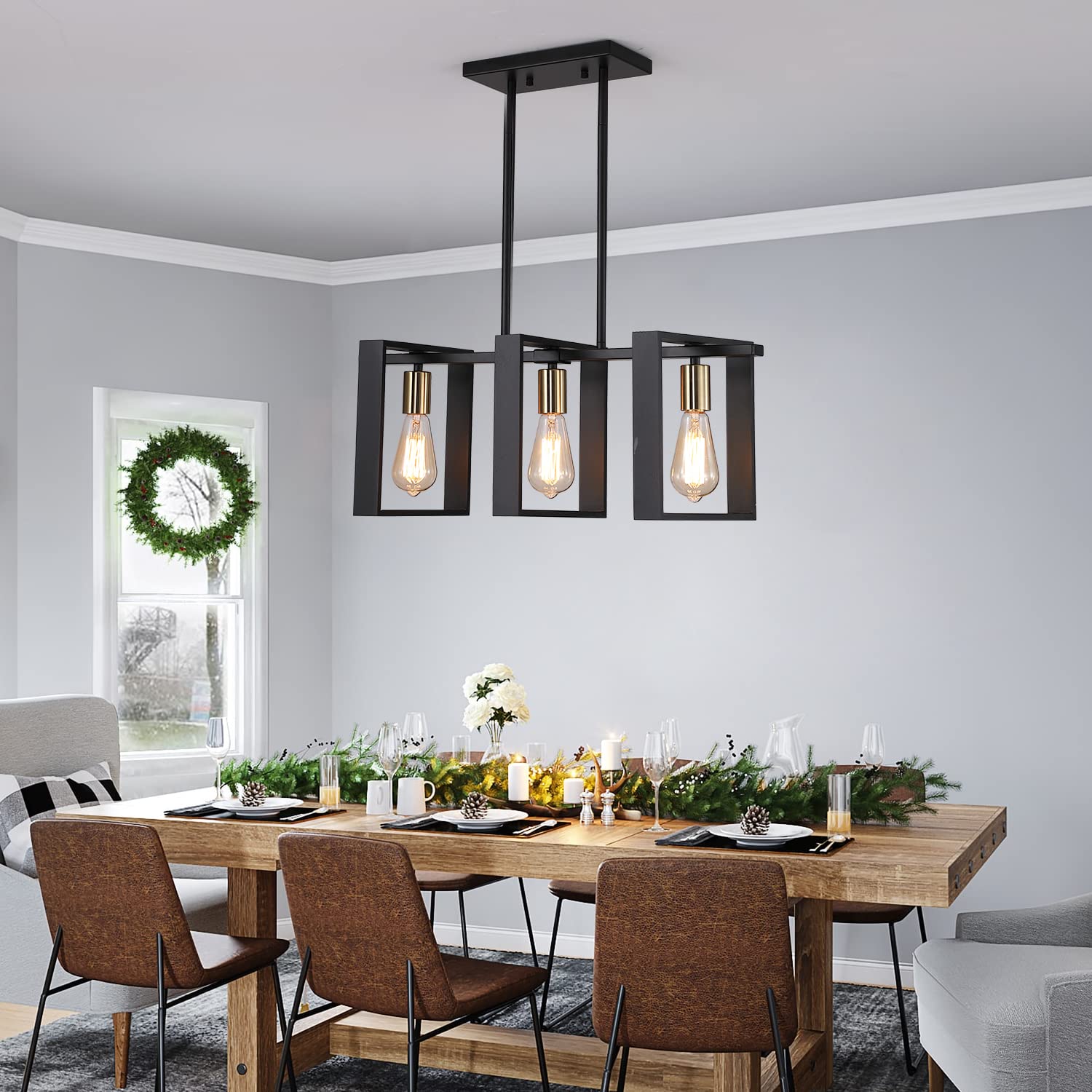 9MMML 3 Lights Kitchen Island Lighting, Modern Rectangle Linear Pendant Light, Black Frame+ Gold Socket Chandelier for Dining &Living Room Foyer Entryway Hallway,E26,Height Adjustable.