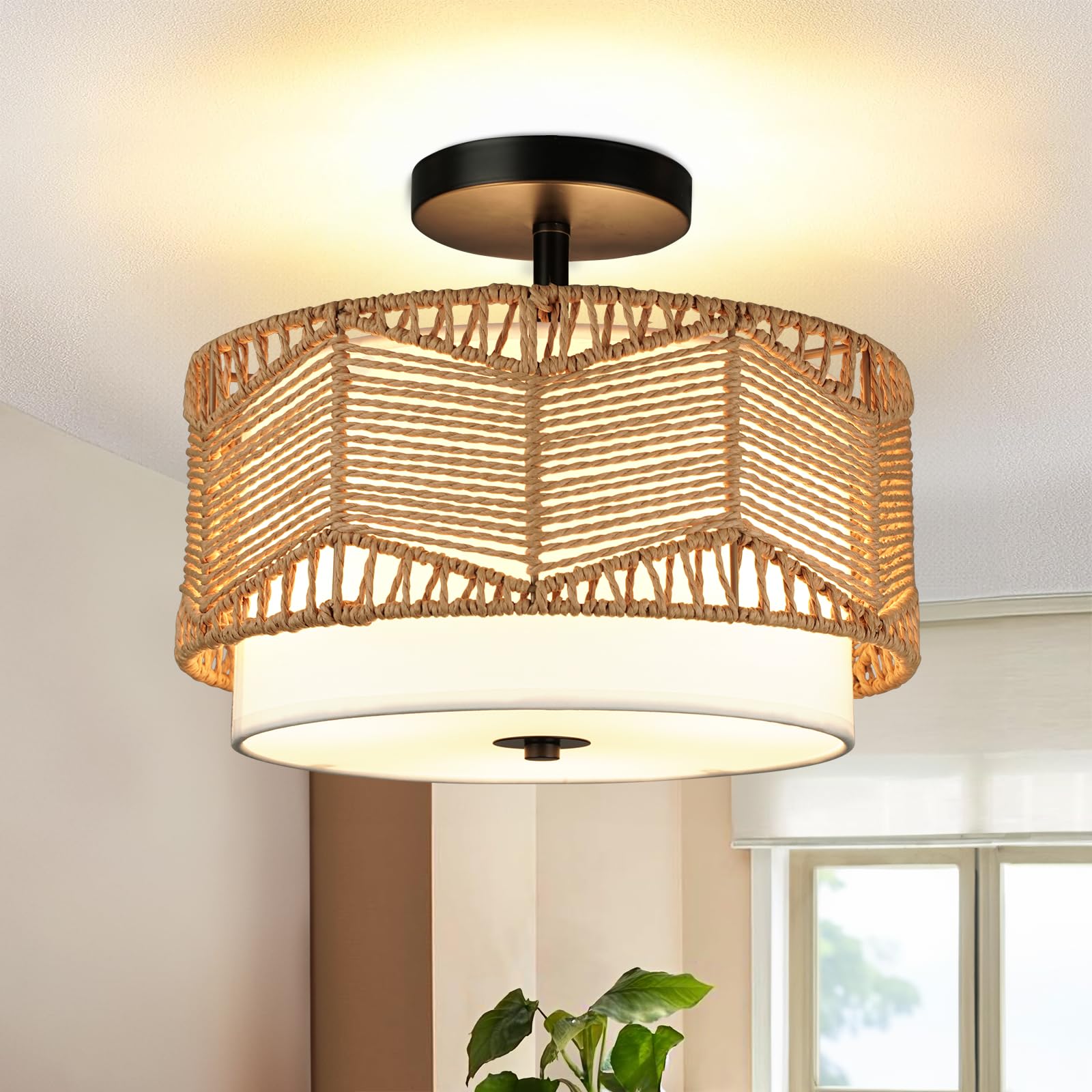 3-Light Semi Flush Mount Ceiling Light Fixture Woven Rattan Light Fixtures Ceiling Mount Boho Light Fixtures with Fabric Shade Ceiling Lights for Bedroom Dining Room Foyer Kitchen Hallway Farmhouse