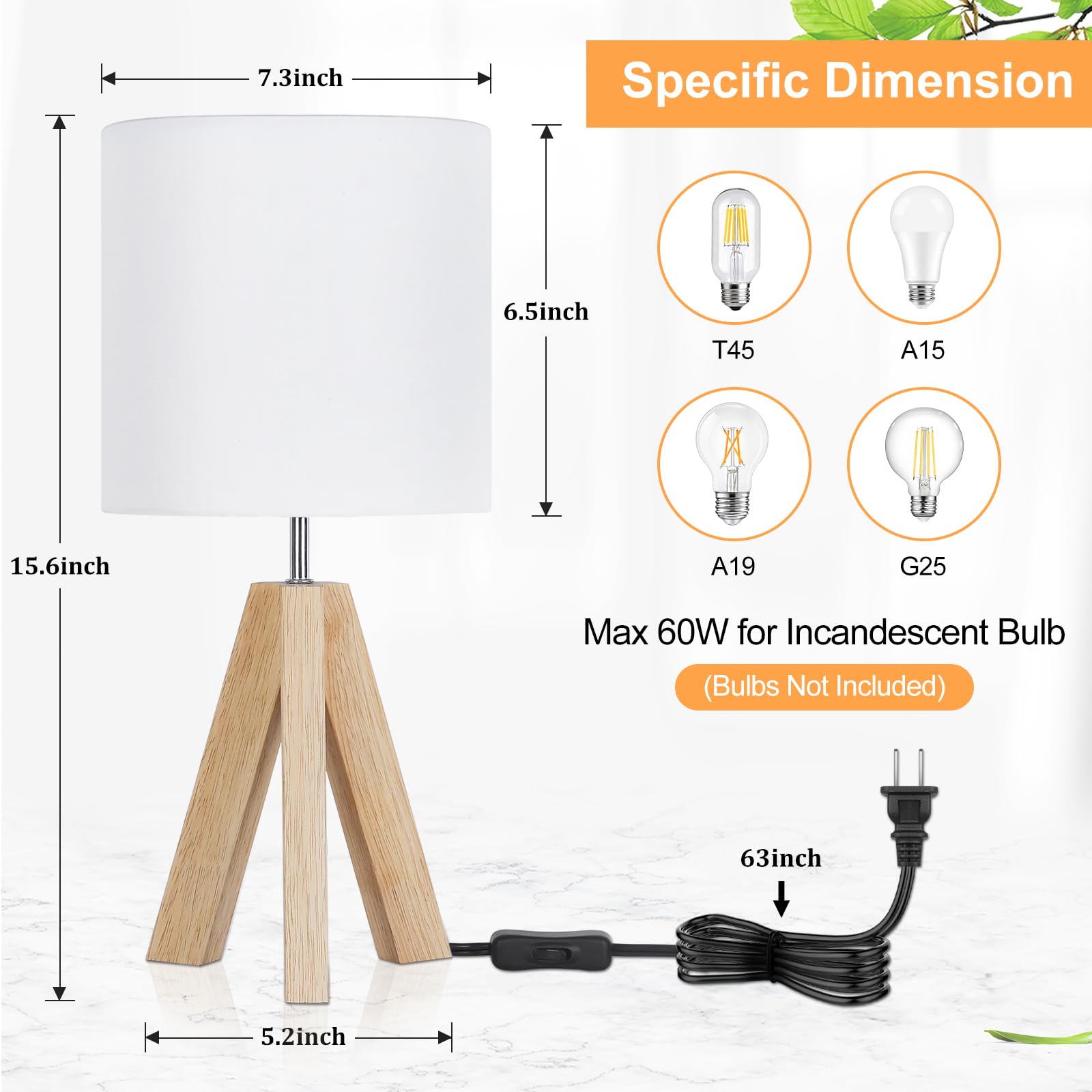 Small Beside Table Lamp, Wood Tripod Table Lamp with White Fabric Shade, Cute Boho Nightstand Lamp, Minimalist Desk Lamp for Bedroom Living Room Nursery Kids Room Office Dorm, Bulb Not Included