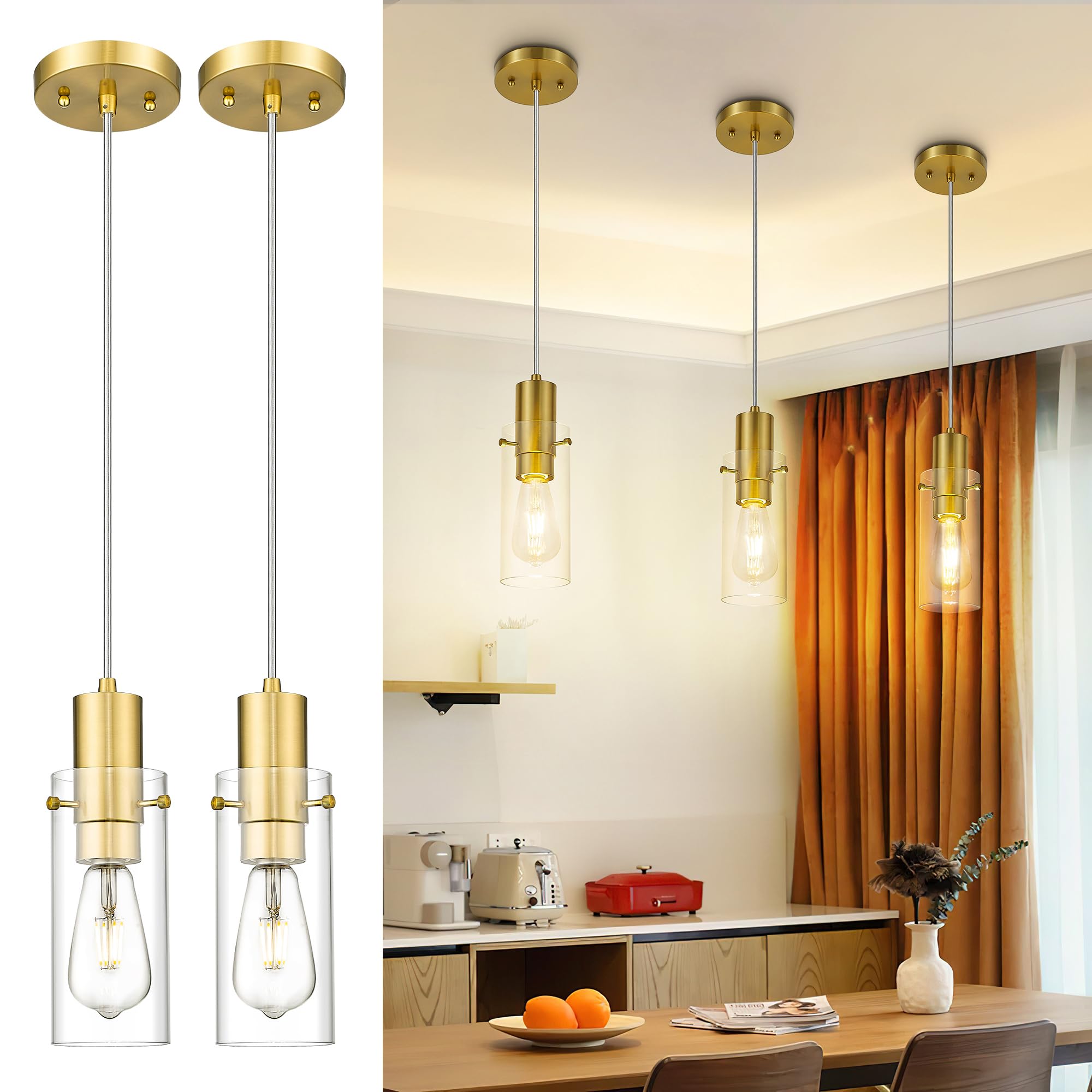 Emak Gold Pendant Light Fixtures, 3-Light Pendant Lights with Clear Glass Shade, Modern Farmhouse Hanging Lights for Kitchen Island, Dining Room, Bathroom, Bedroom, PL120-GD-CL