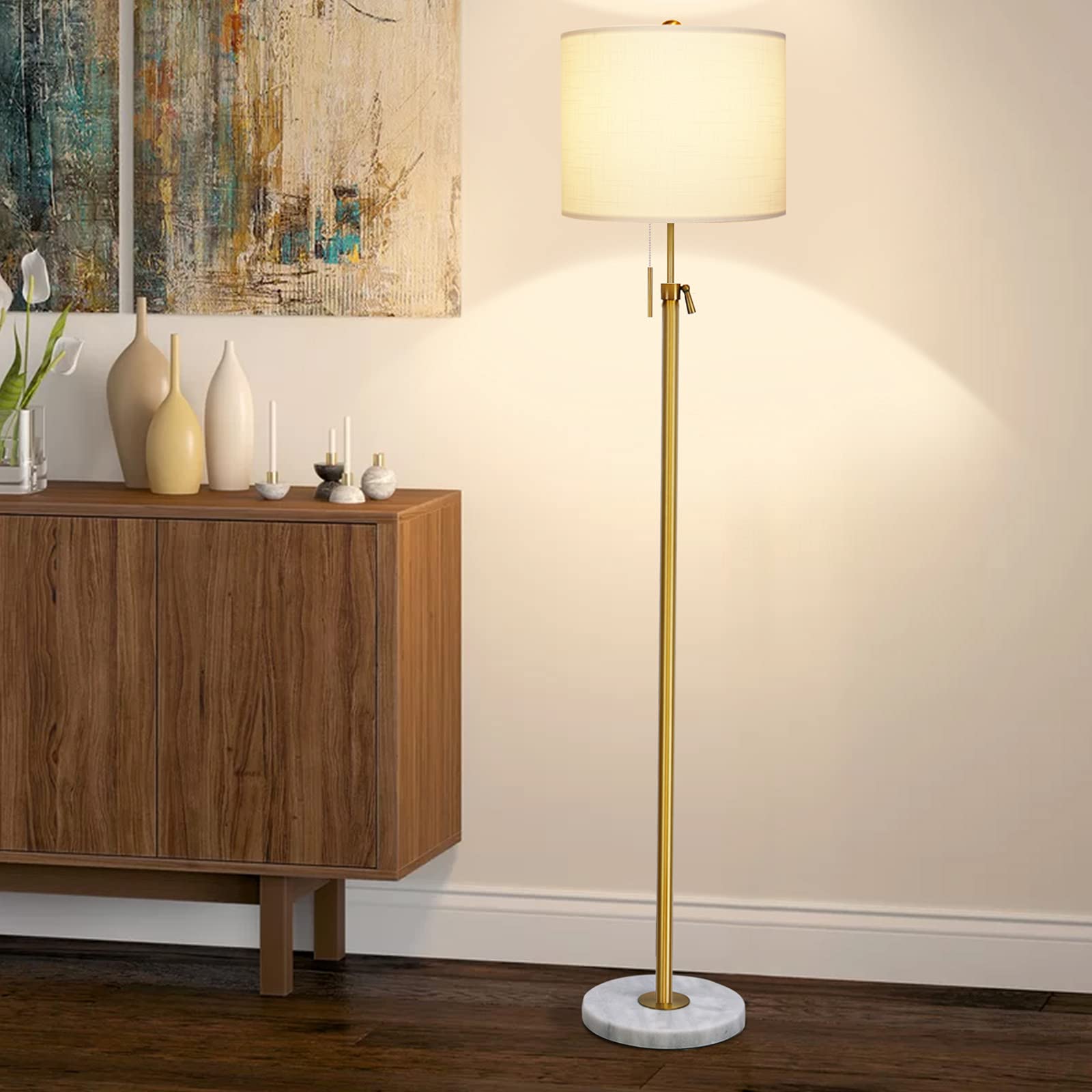 Floor Lamp for Living Room Adjustable Tall Standing Lamp, 3-Way Dimmable Floor Lamp for Bedroom Office, Black Gold Lamp with Marble Base and White Linen Shade, 6W 3000K LED Blub Included