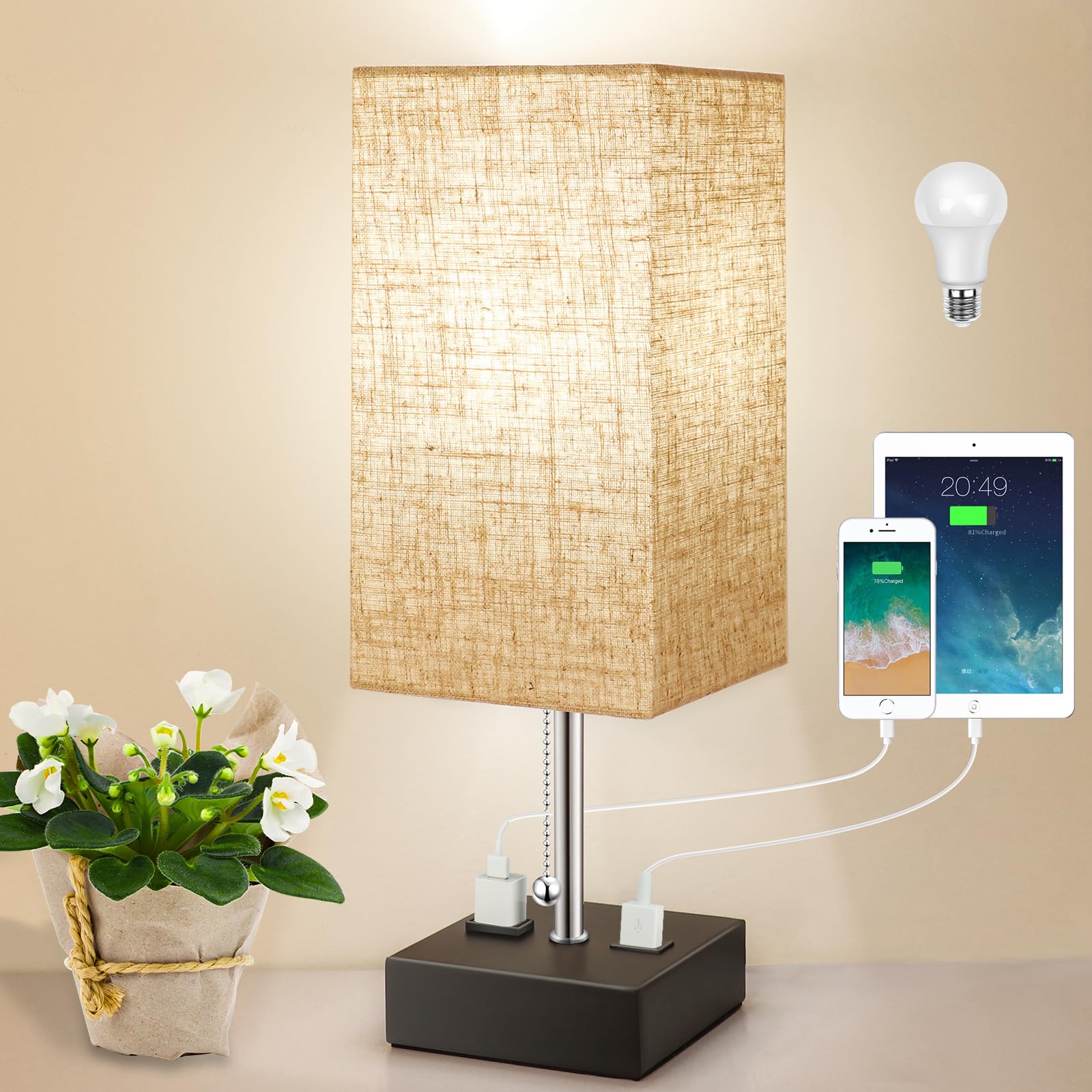 3 Color Temperature Bedside Lamp with USB C and USB A Ports Grey Table Lamps for Bedroom Nightstand Small Lamps Bed Lamp Desk Lamps by Pull Chain (Bulb Included)