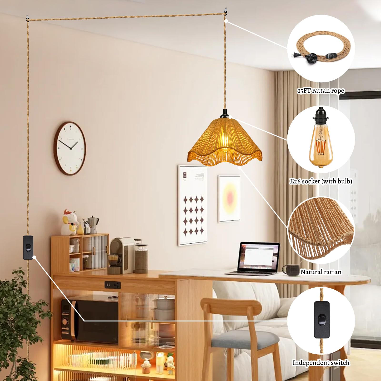 Pendant Lights with Switch & Hemp Rope, Umbrella Shaped Industrial Hanging Light Kit with E26 Socket, Lamp Cord Fixture for Farmhouse Bedroom Living Room Decor- Ivory (3-Lights)