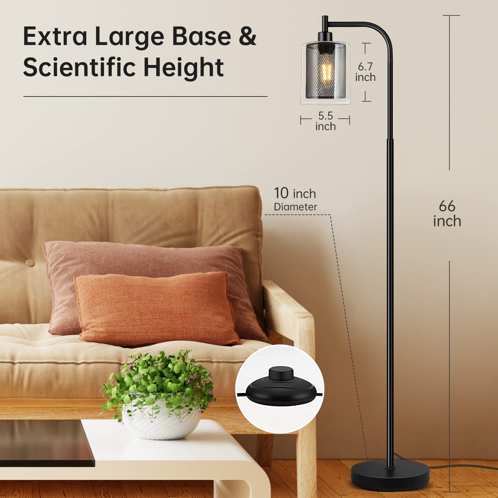 Floor Lamp, 6W Black Modern Floor Lamp with 4W Adjustable Reading Lamp, 2700K Energy-Saving LED Bulbs Included, Industrial Bright Floor Lamp for Bedroom, Living Room and Office